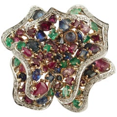 Vintage Rubyes Sapphires Emeralds Diamonds Rose and White Gold Ring