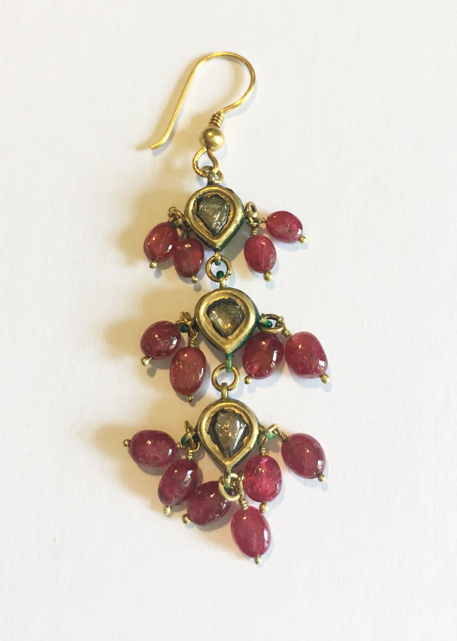 Anglo-Indian Ruby, Gold and Diamond Kundan Dangle Earrings For Sale