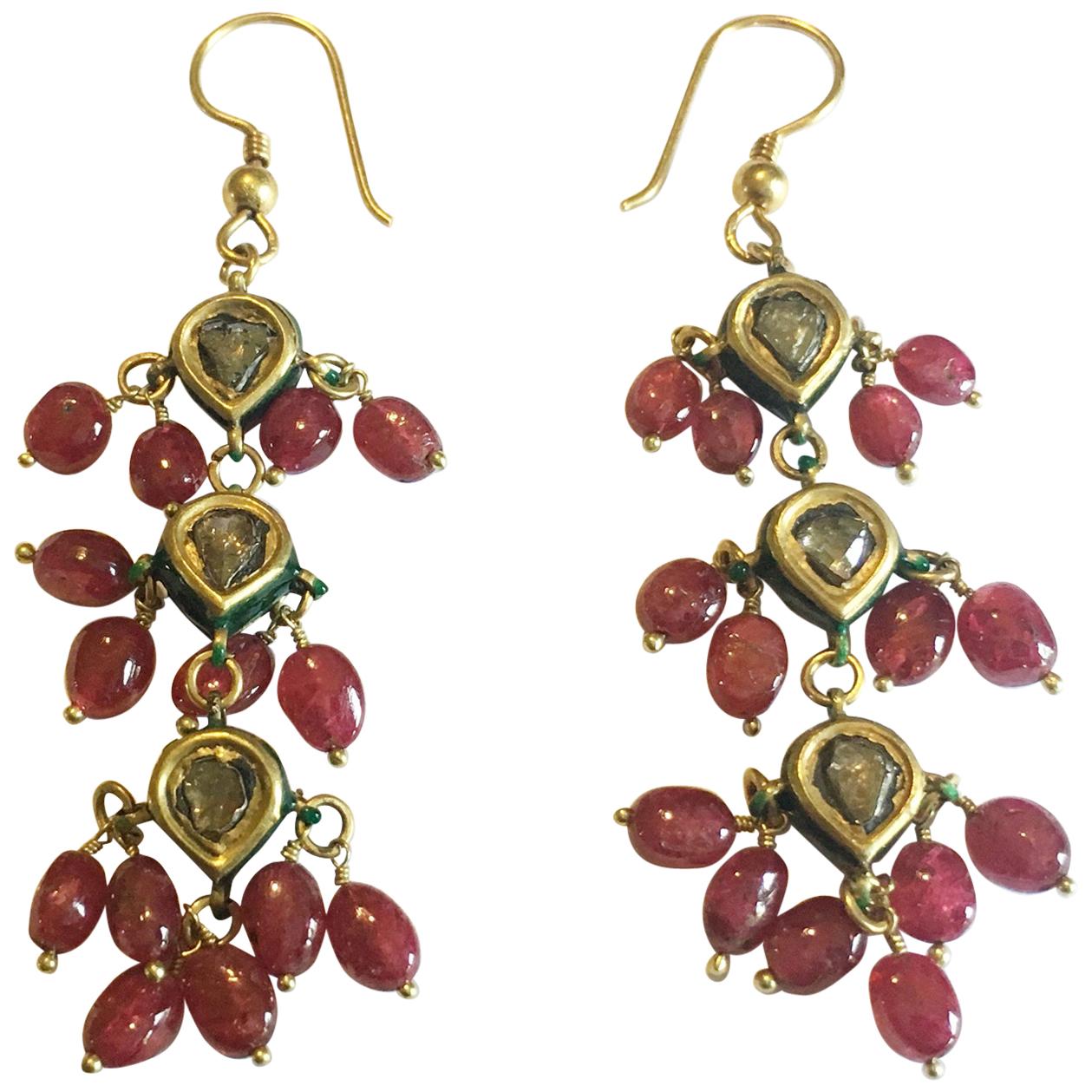 Ruby, Gold and Diamond Kundan Dangle Earrings For Sale