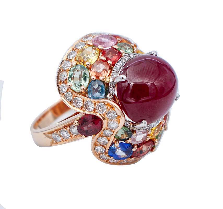 SHIPPING POLICY: 
No additional costs will be added to this order.
Shipping costs will be totally covered by the seller (customs duties included). 

Fantastic retrò ring in 14 kt rose gold structure mounted with a central ruby ( 14 mm x 12 mm)