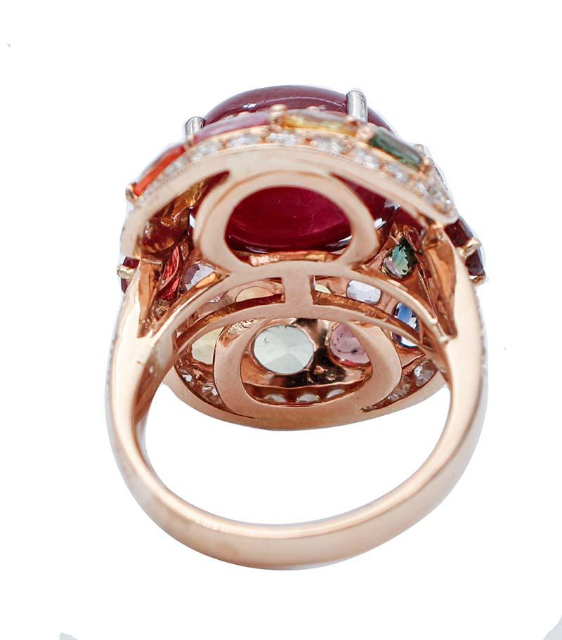 Retro Ruby, Multicolor Sapphires, Diamonds 14 Karat Rose Gold Ring