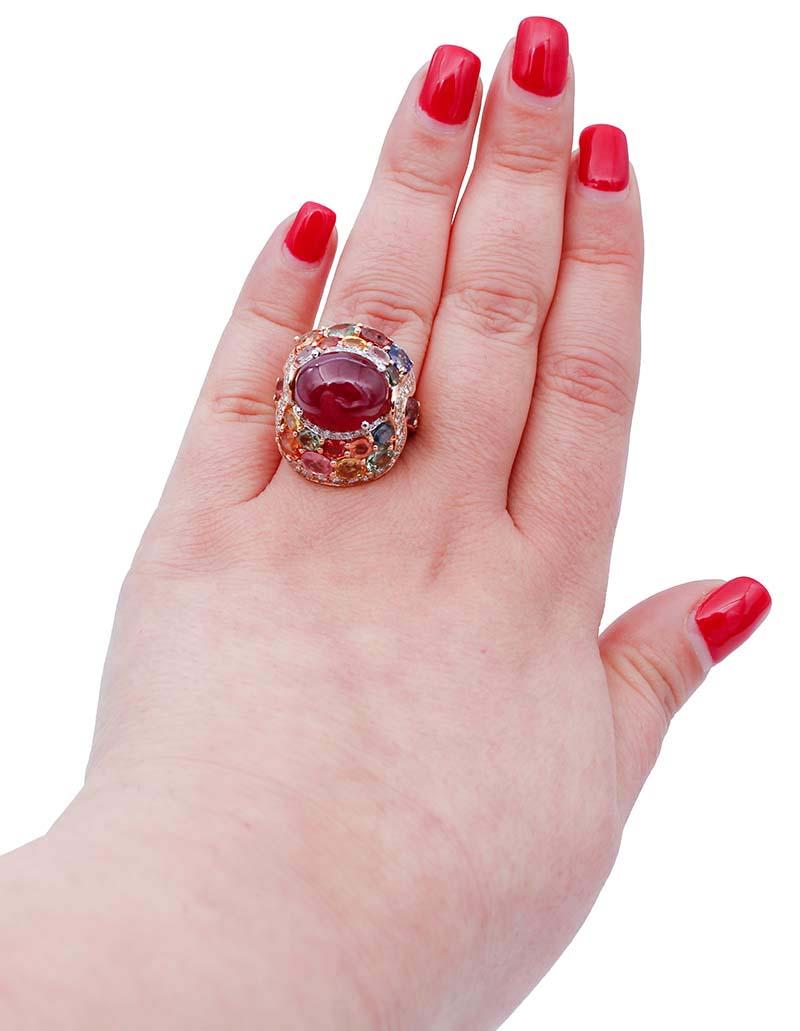Mixed Cut Ruby, Multicolor Sapphires, Diamonds 14 Karat Rose Gold Ring