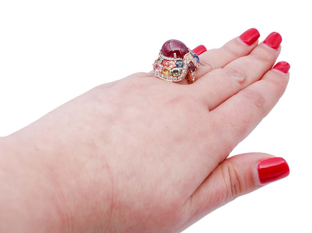 Ruby, Multicolor Sapphires, Diamonds 14 Karat Rose Gold Ring In Good Condition In Marcianise, Marcianise (CE)