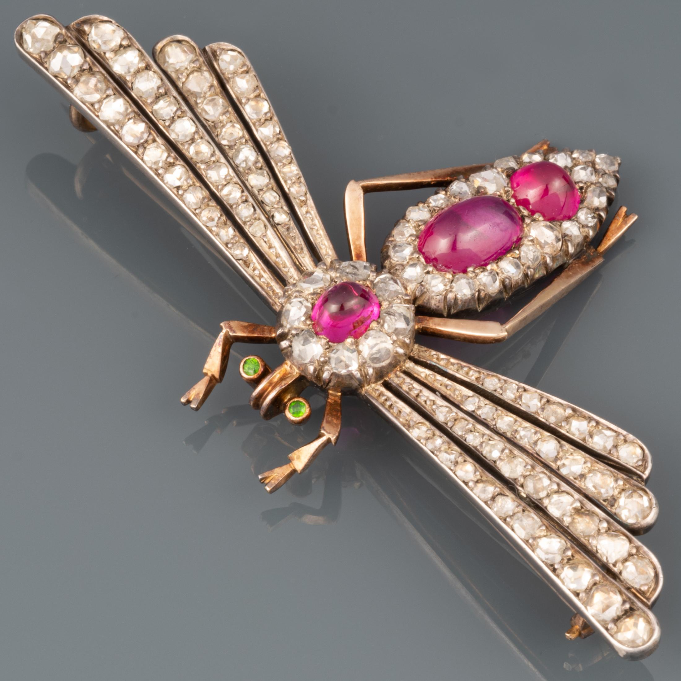 Victorian Rubys and Diamonds Antique French Dragonfly Brooch For Sale