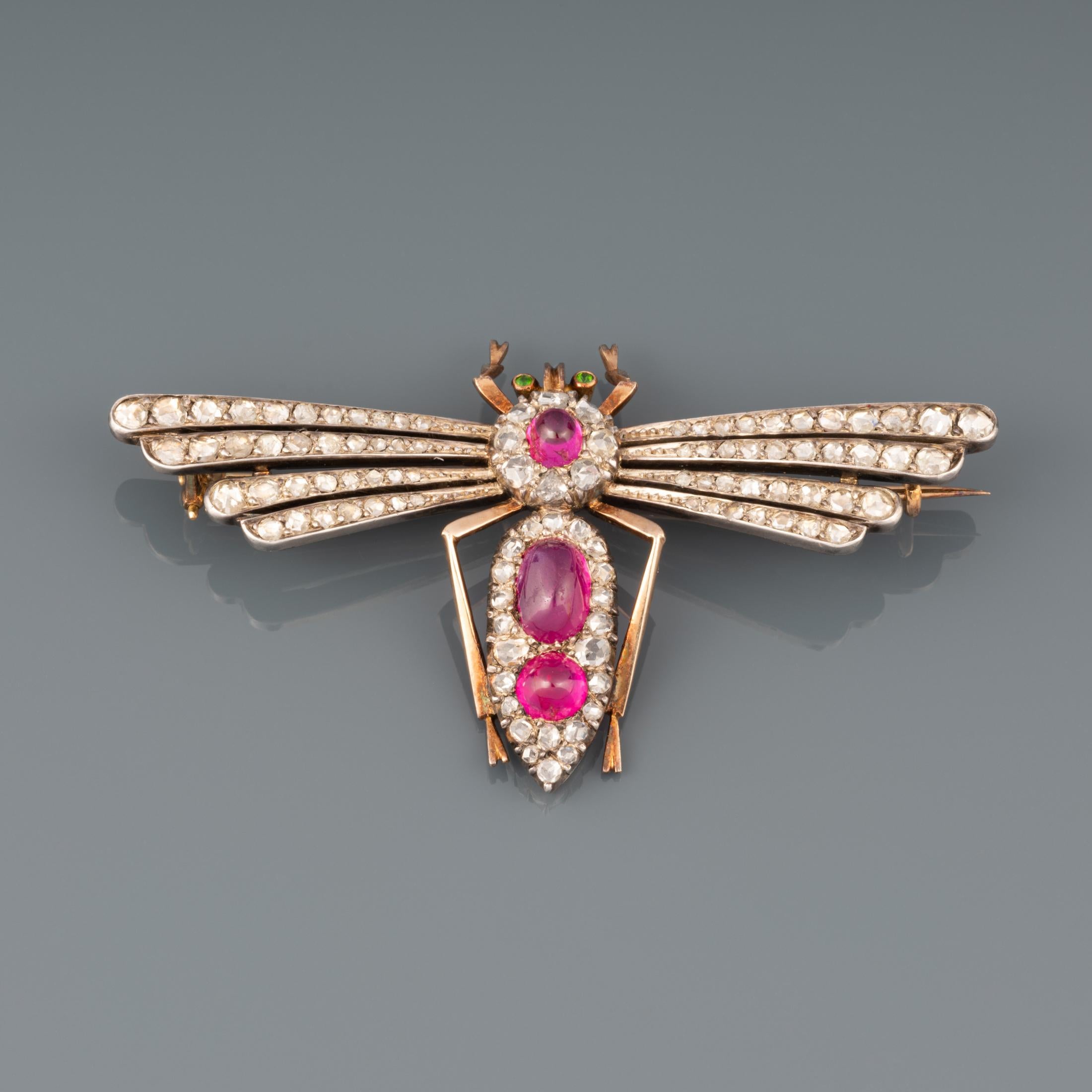 Rose Cut Rubys and Diamonds Antique French Dragonfly Brooch For Sale
