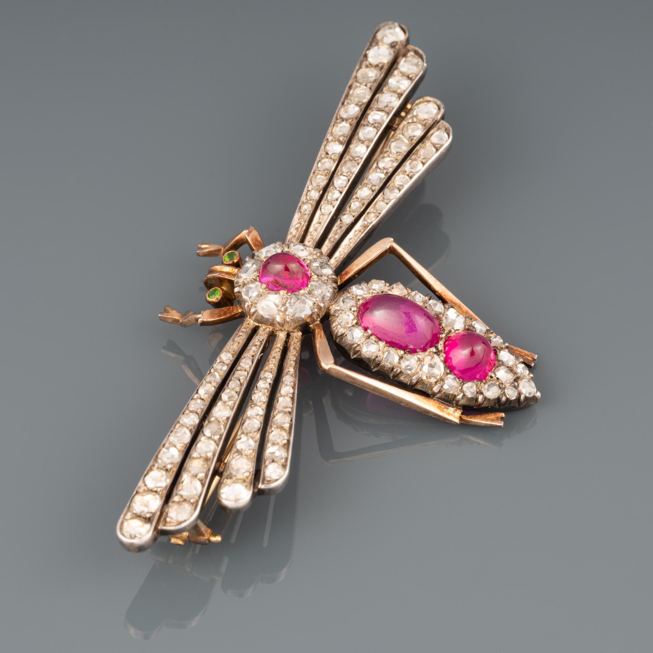 Rubys and Diamonds Antique French Dragonfly Brooch For Sale 1