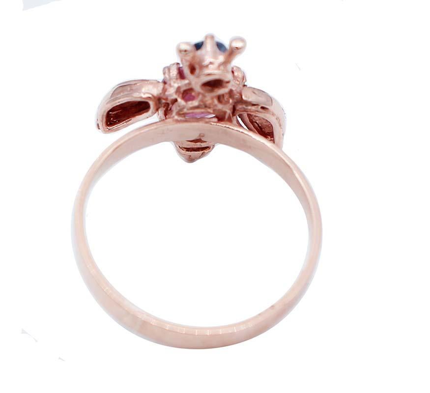 Retro Ruby, Sapphire, Diamonds, 9 Karat Rose Gold and Silver Fly Shape Ring