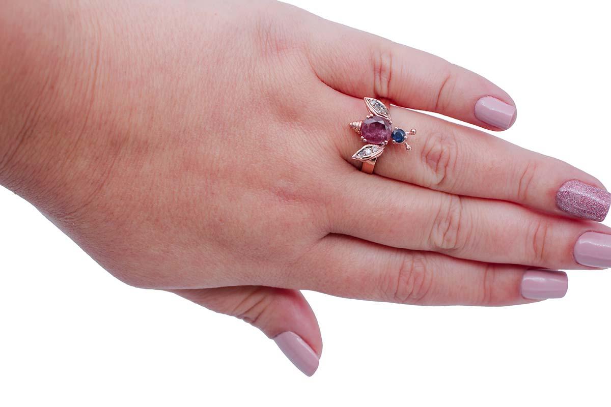 Mixed Cut Ruby, Sapphire, Diamonds, 9 Karat Rose Gold and Silver Fly Shape Ring