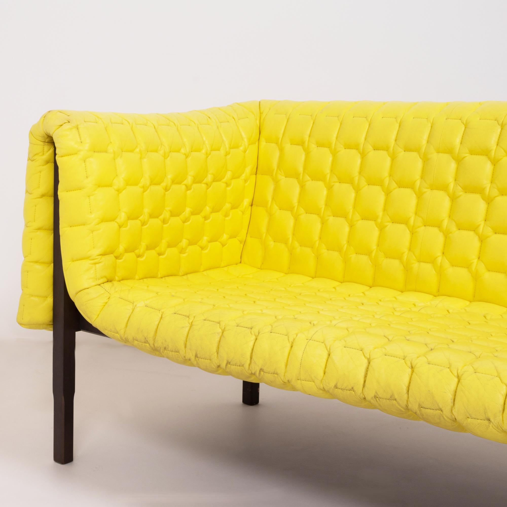 Ruché Yellow Leather Sofa by Inga Sempé for Ligne Roset, 2010 In Good Condition In Basildon, London