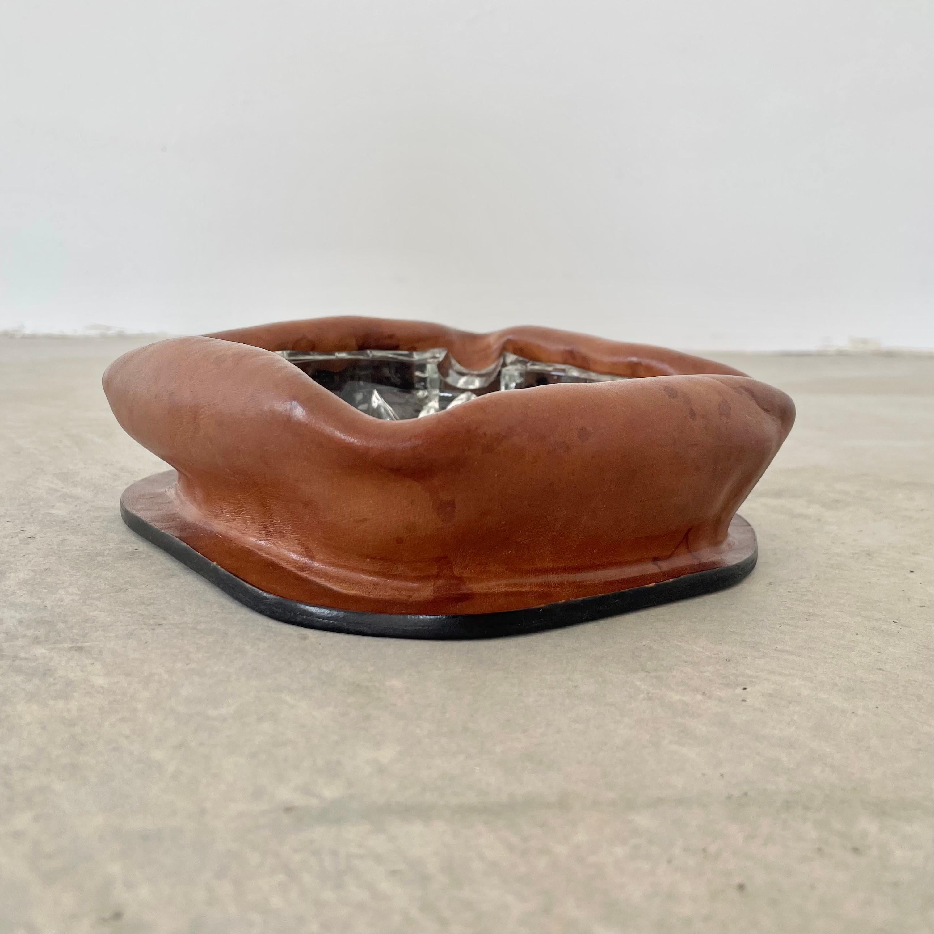 French Ruched Leather and Glass Ashtray For Sale