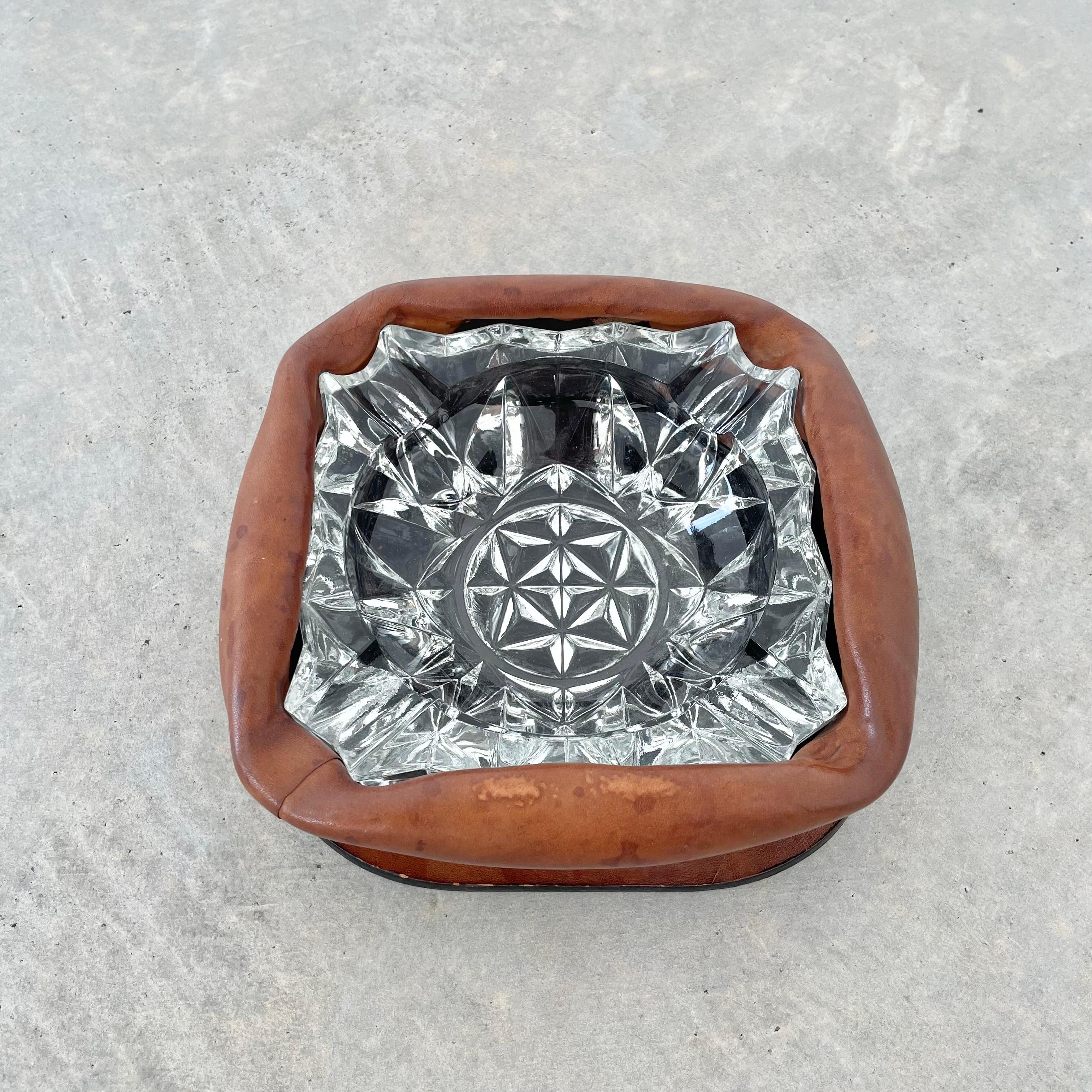 Mid-20th Century Ruched Leather and Glass Ashtray For Sale