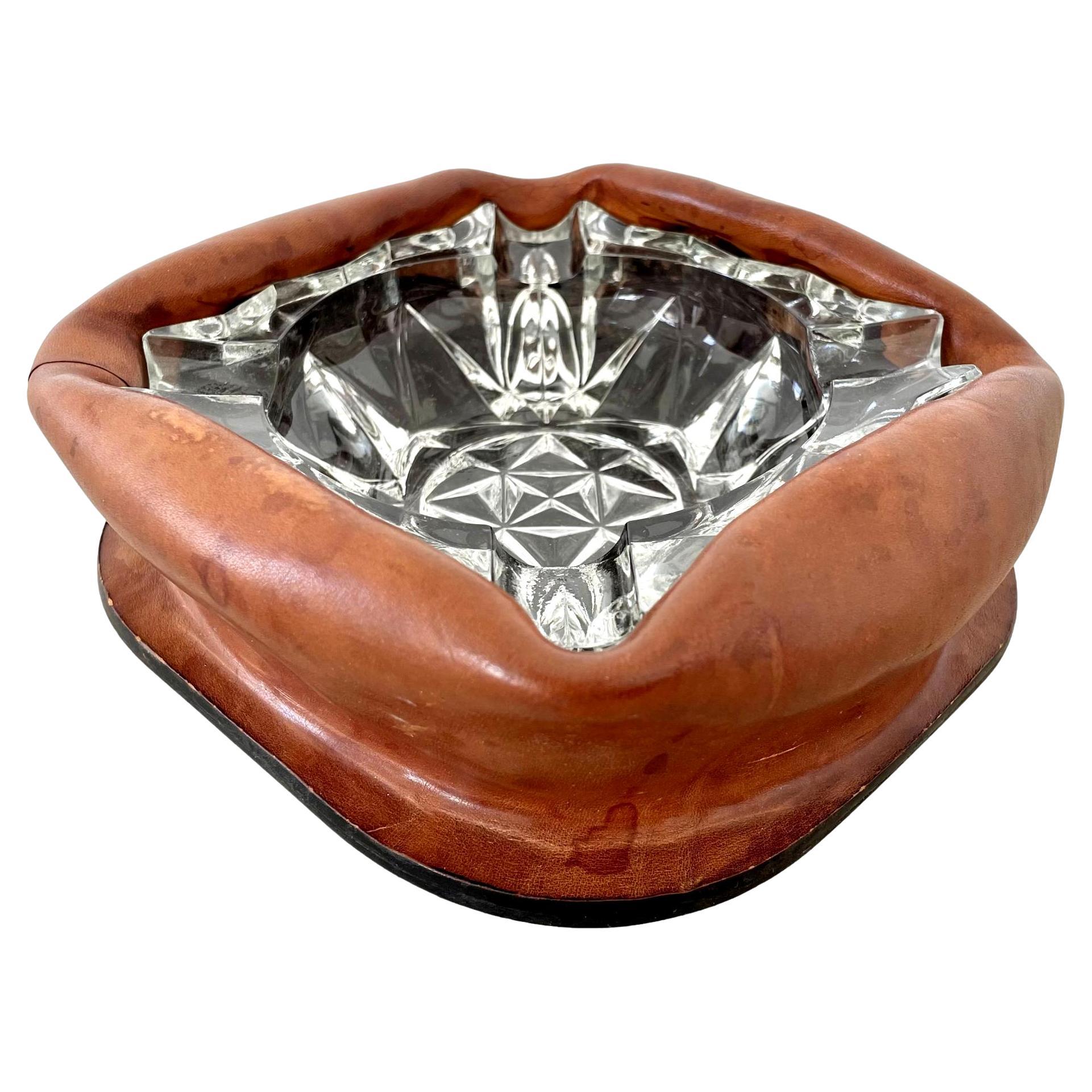 Ruched Leather and Glass Ashtray For Sale