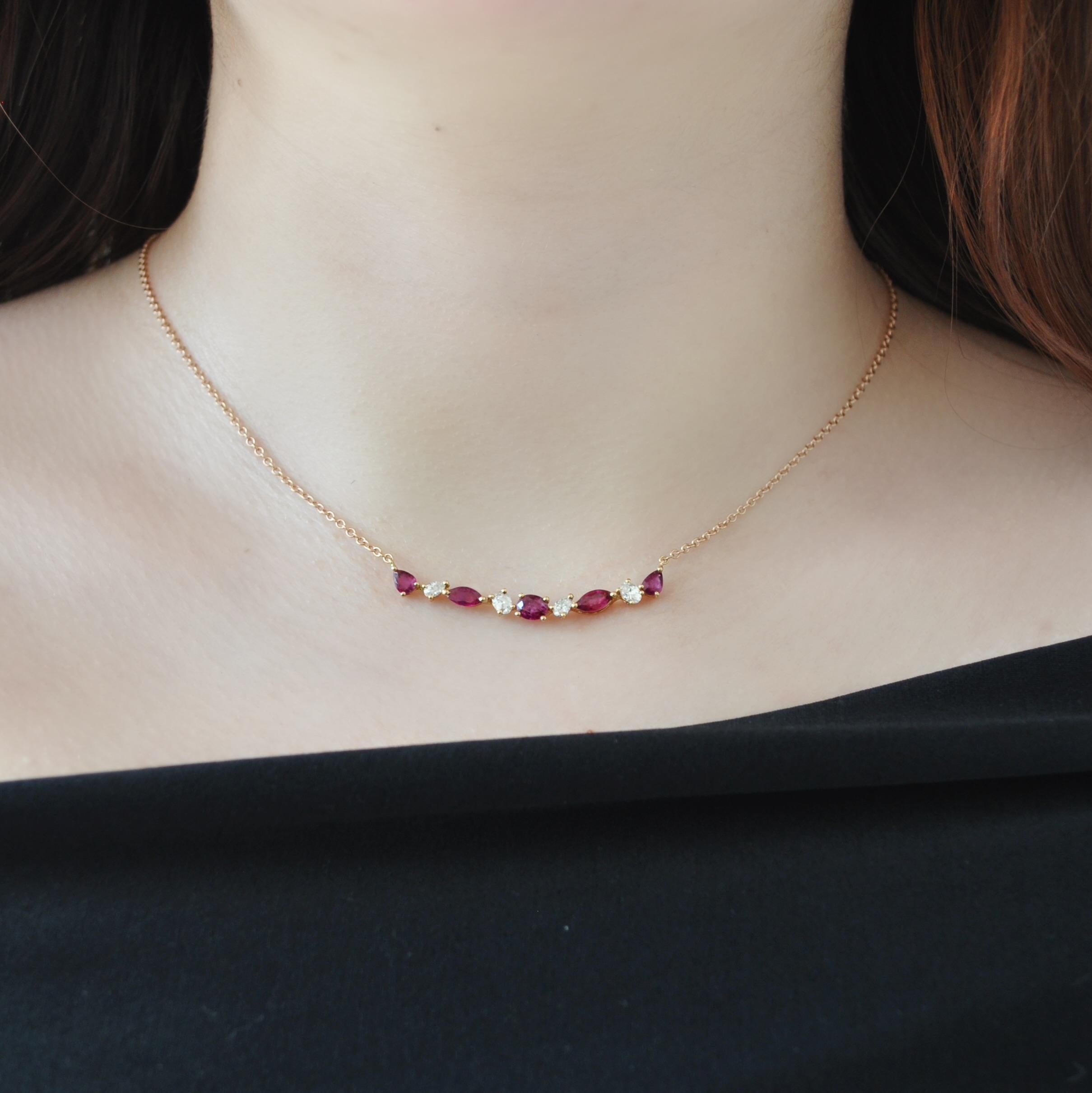 Mixed Cut RUCHI Alternating Mixed-Shape Ruby and Diamond Rose Gold Bar Necklace For Sale