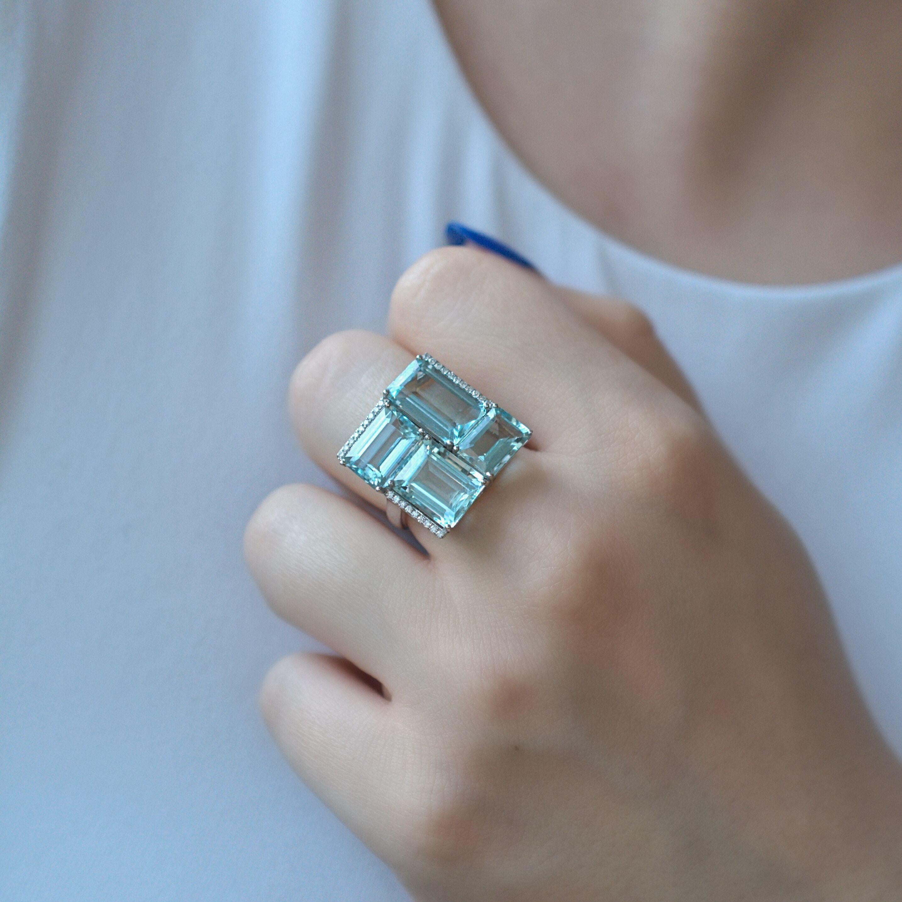 RUCHI Aquamarine & Diamond White Gold Geometric Cocktail Ring In New Condition In New York, NY