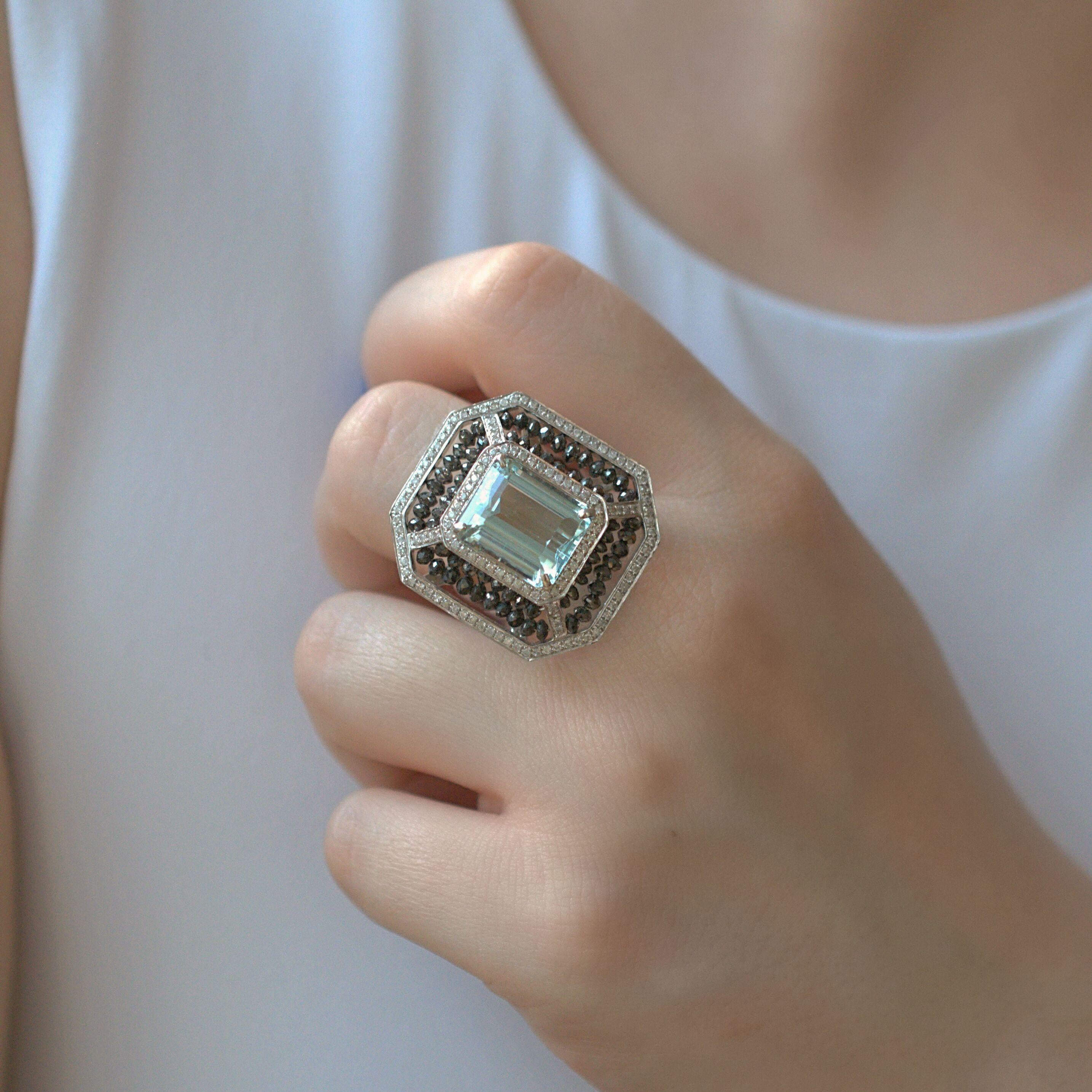 RUCHI Aquamarine with Black & White Diamond Beads White Gold Cocktail Ring In New Condition For Sale In New York, NY