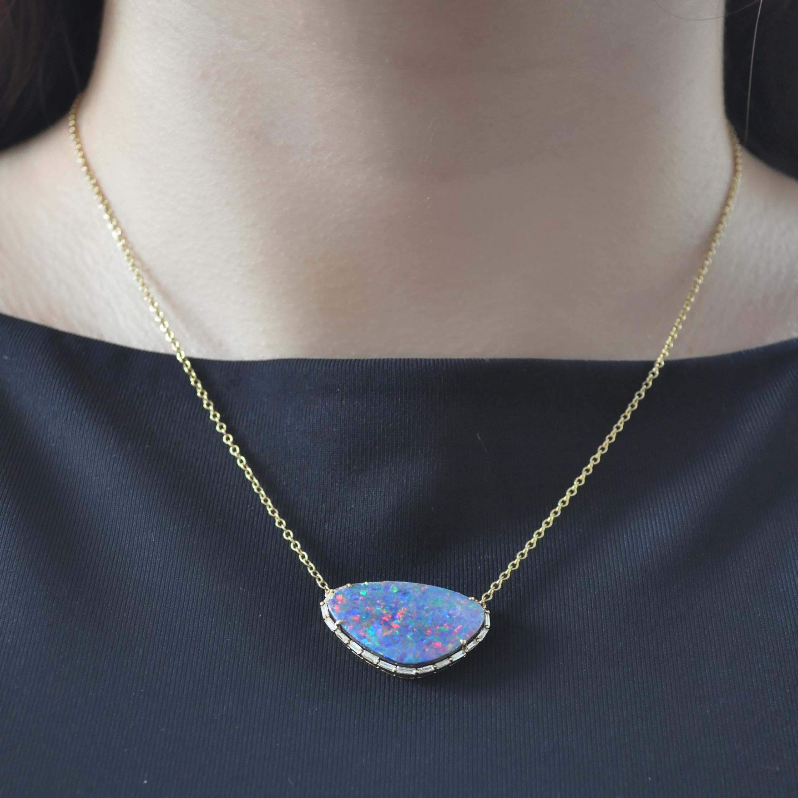 RUCHI Australian Opal with Baguette Diamond Halo Yellow Gold Pendant Necklace In New Condition For Sale In New York, NY