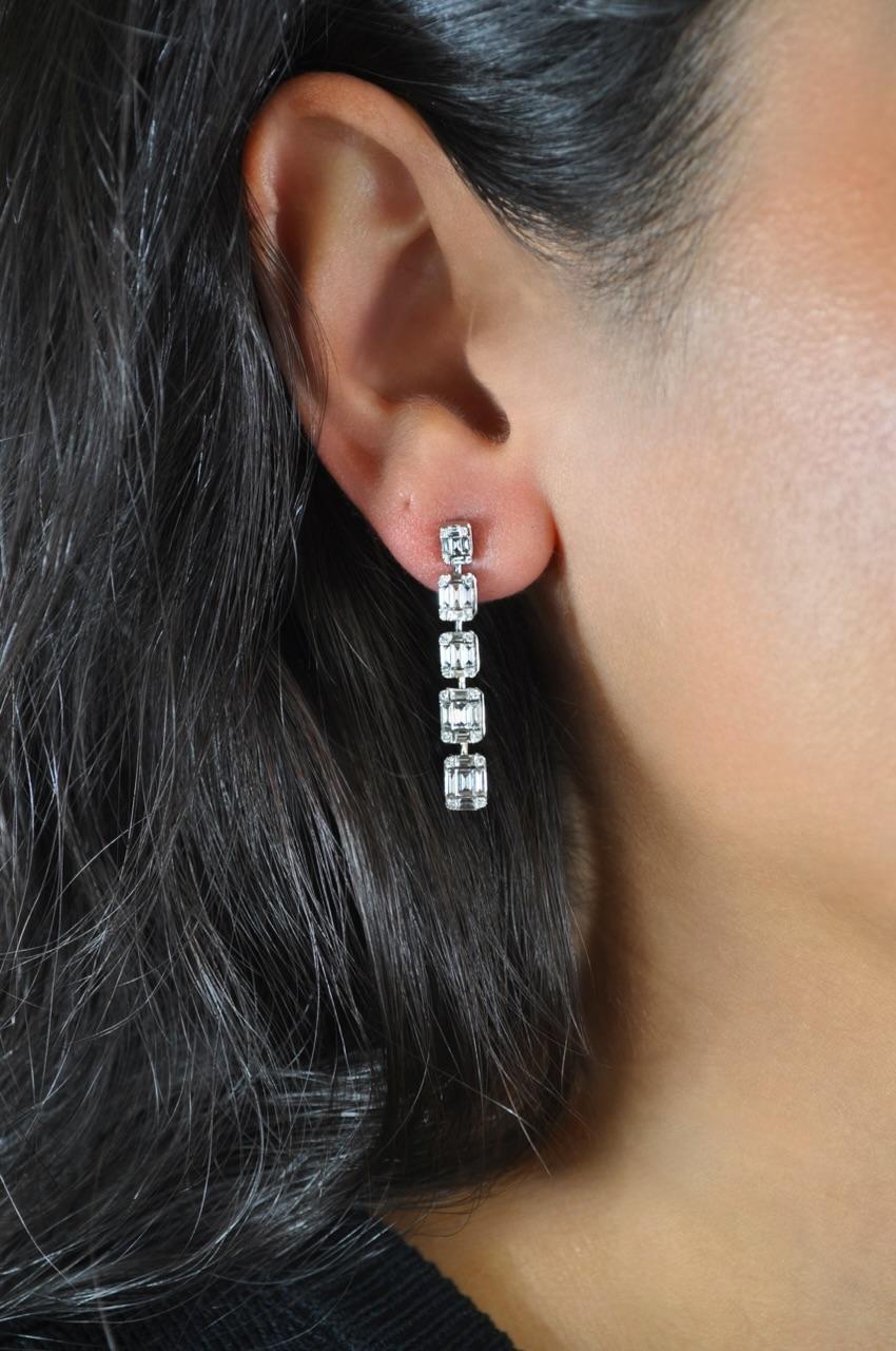 Mixed Cut RUCHI Baguette Diamond White Gold Linear Earrings For Sale