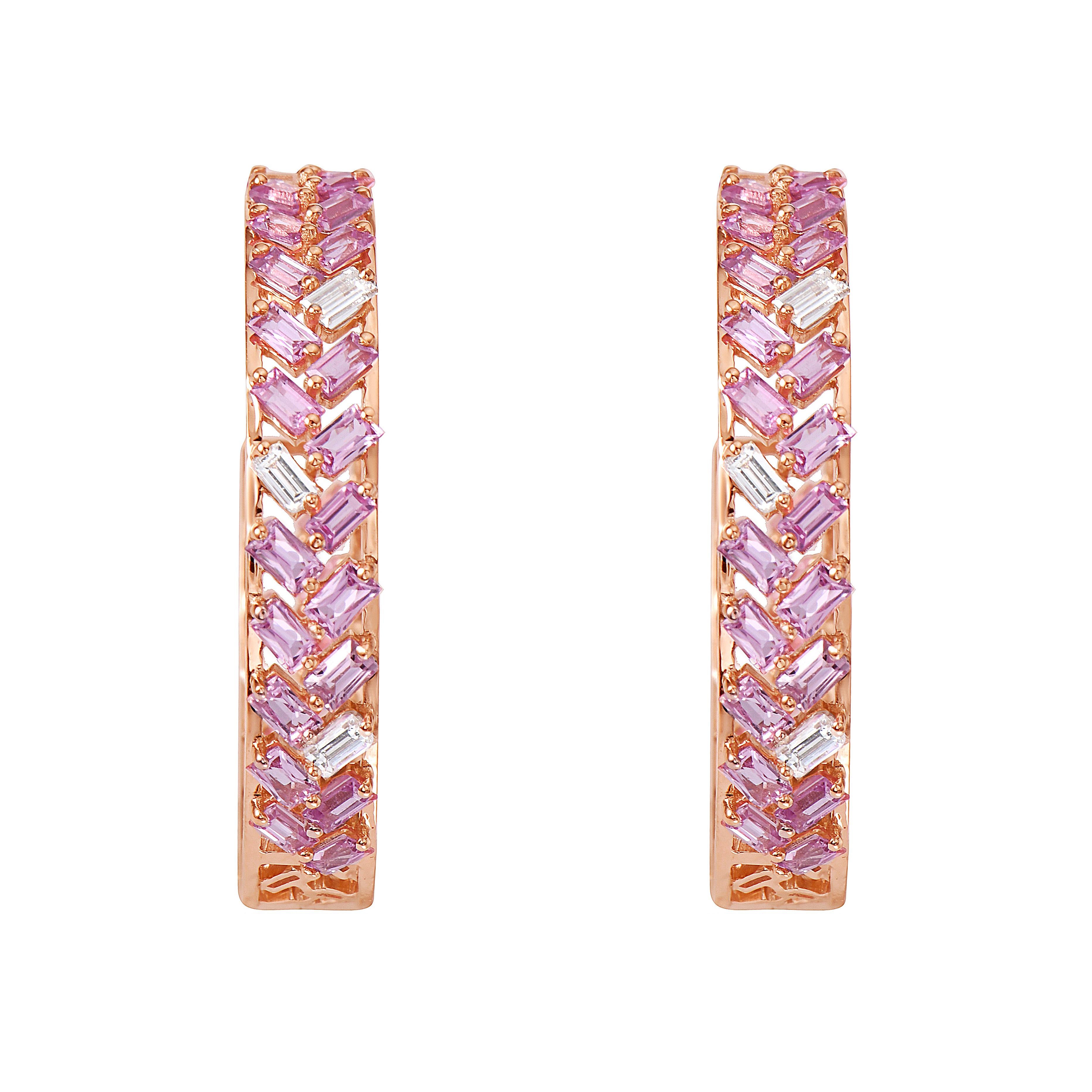 Contemporary RUCHI Baguette Pink Sapphire and Diamonds Rose Gold Hoop Earrings For Sale