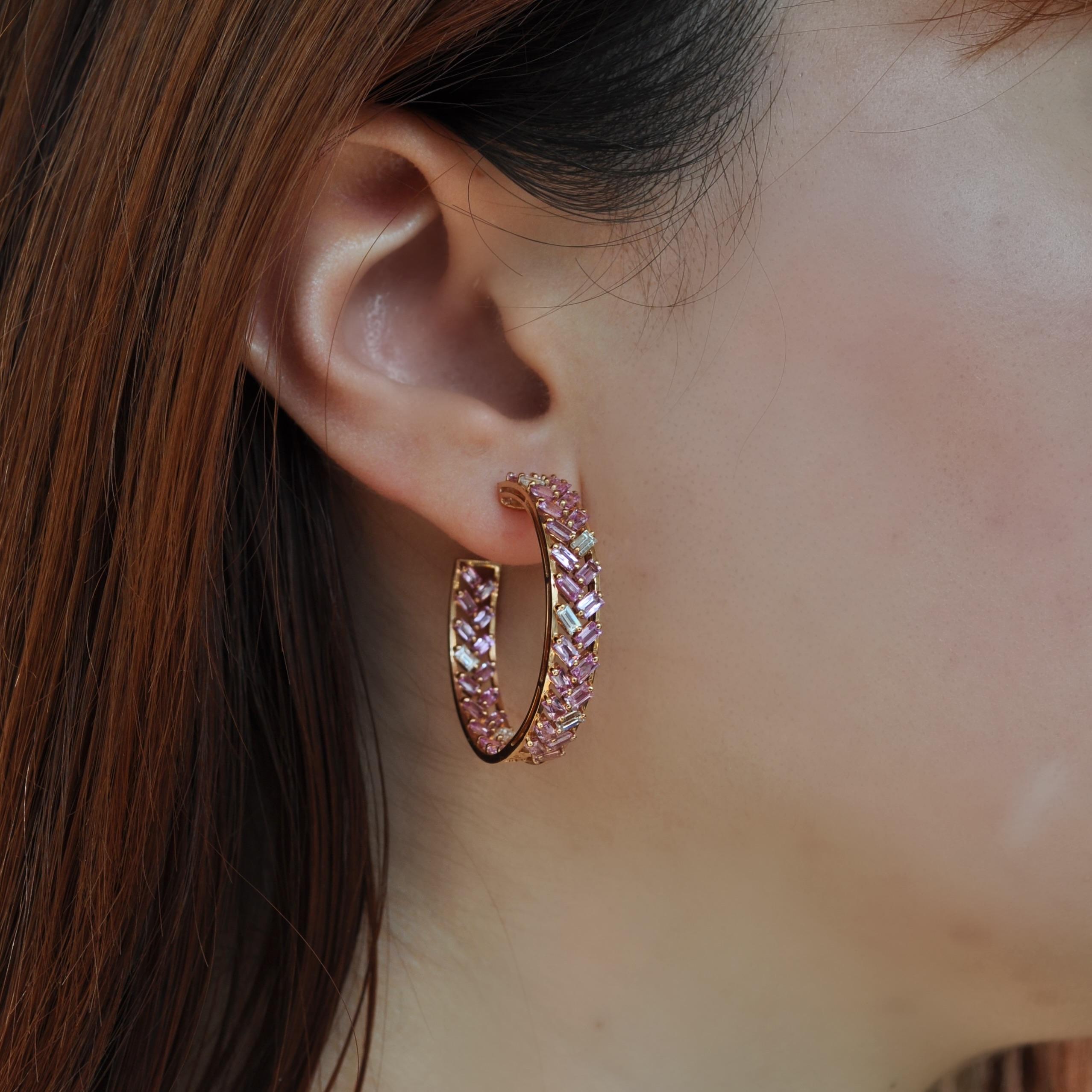 Baguette Cut RUCHI Baguette Pink Sapphire and Diamonds Rose Gold Hoop Earrings For Sale