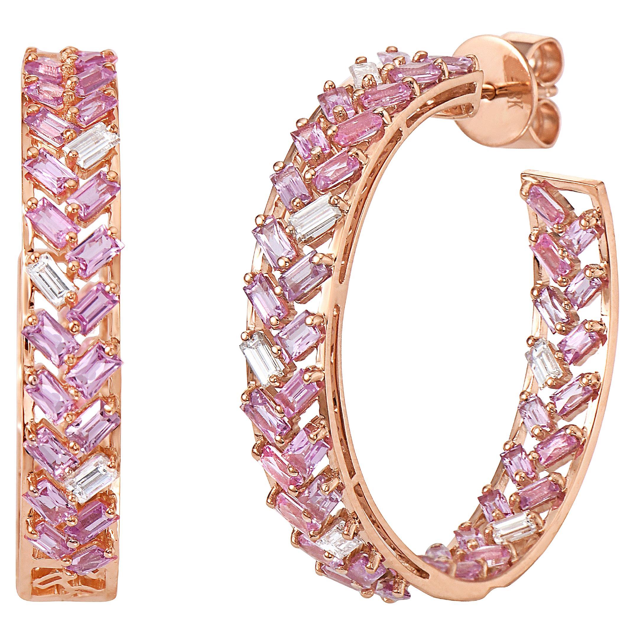 RUCHI Baguette Pink Sapphire and Diamonds Rose Gold Hoop Earrings For Sale