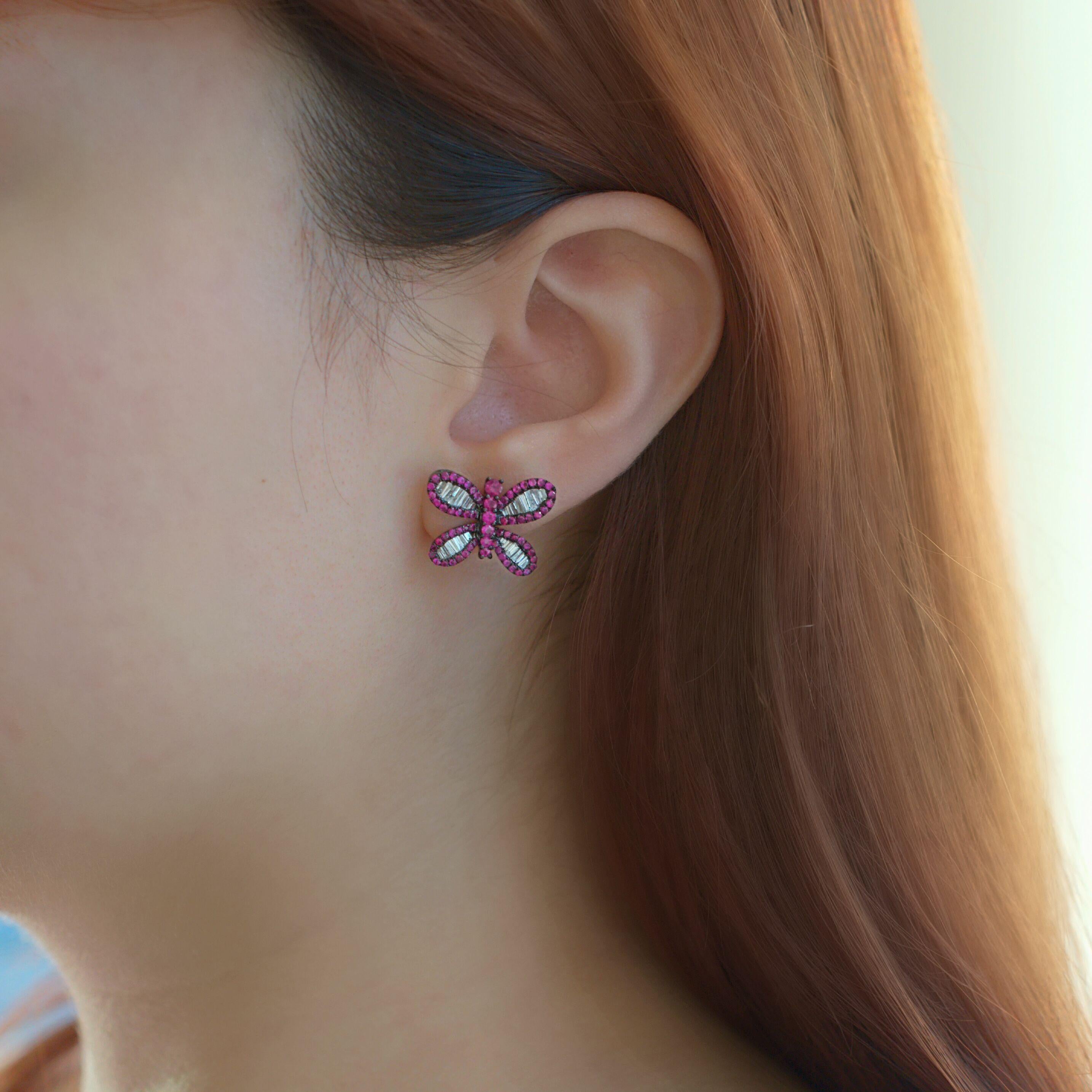 RUCHI Baguette Ruby & Diamond Black Rhodium Butterfly Stud Earrings In New Condition For Sale In New York, NY