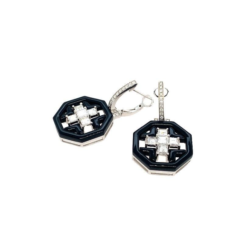 Contemporary RUCHI Black Agate and Carré Diamond Hexagonal White Gold Earrings For Sale