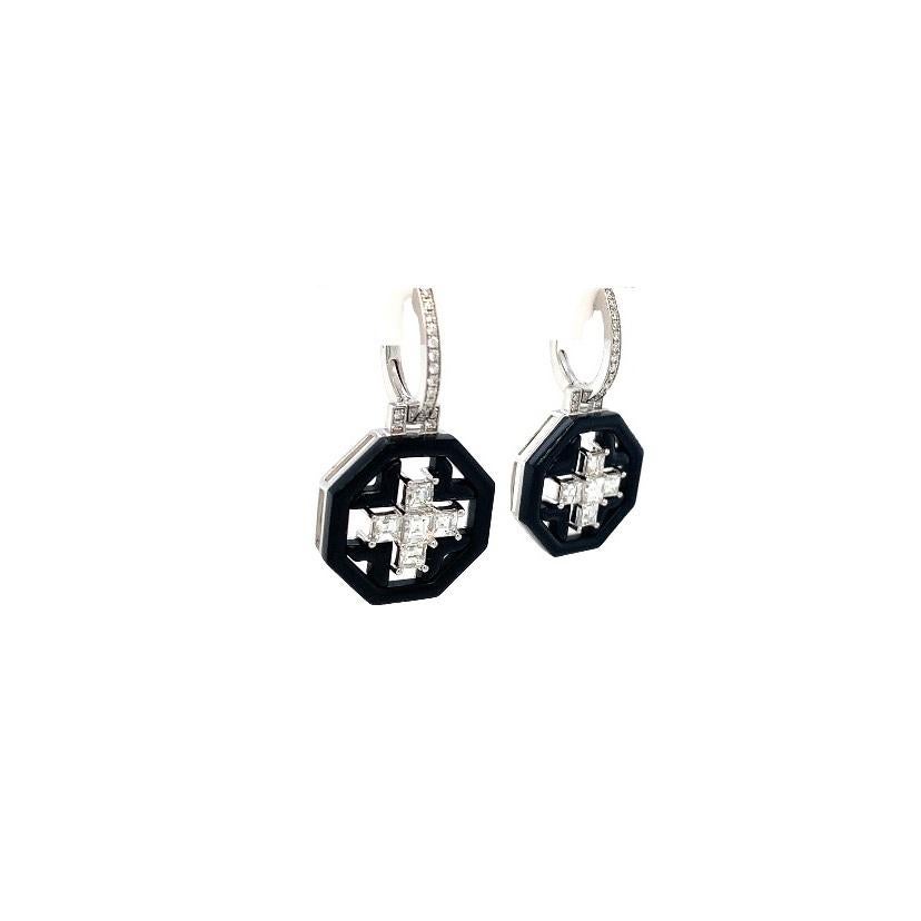 Mixed Cut RUCHI Black Agate and Carré Diamond Hexagonal White Gold Earrings For Sale