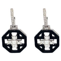 RUCHI Black Agate and Carré Diamond Hexagonal White Gold Earrings