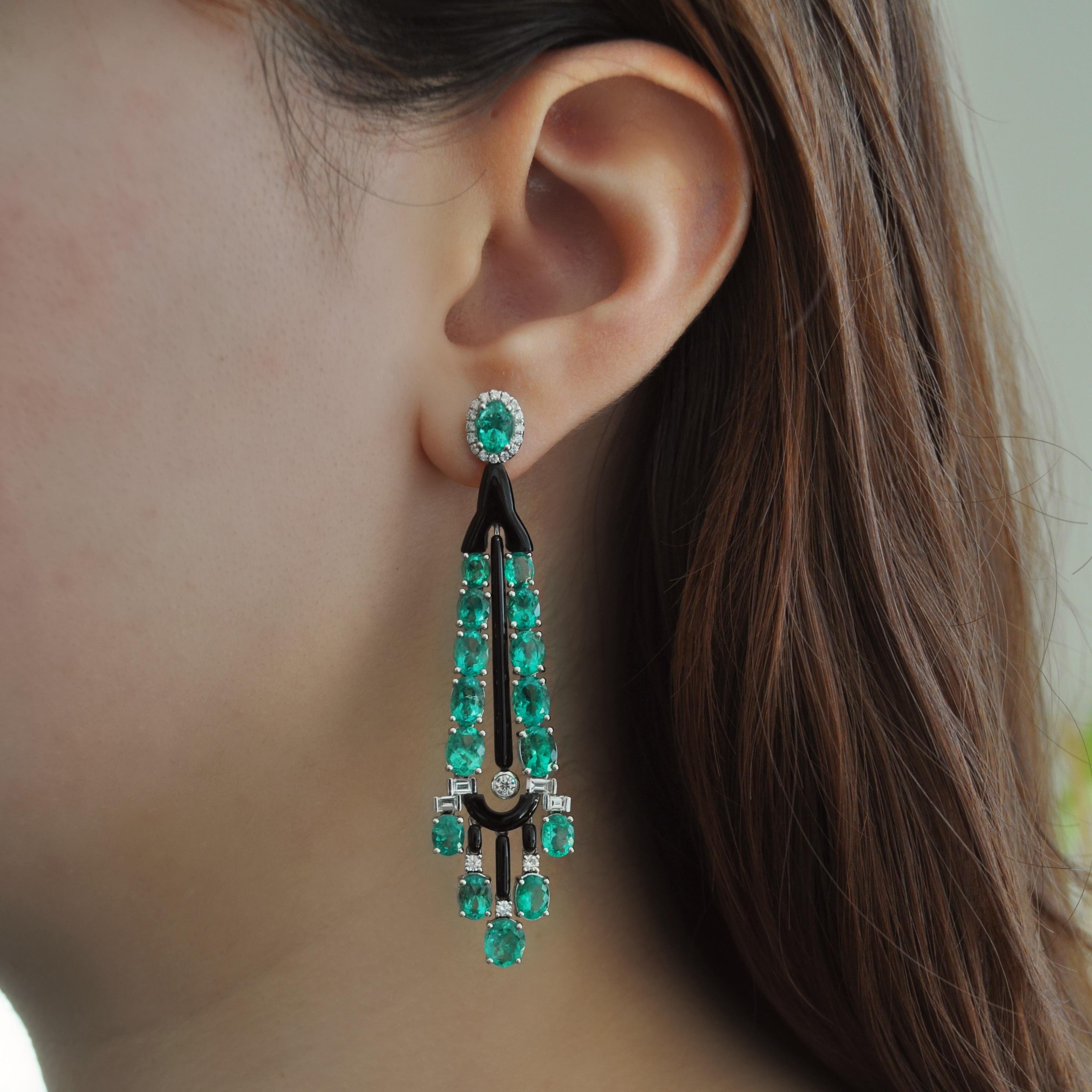 Art Deco RUCHI Black Agate, Emerald and Diamond White Gold Drop Earrings For Sale