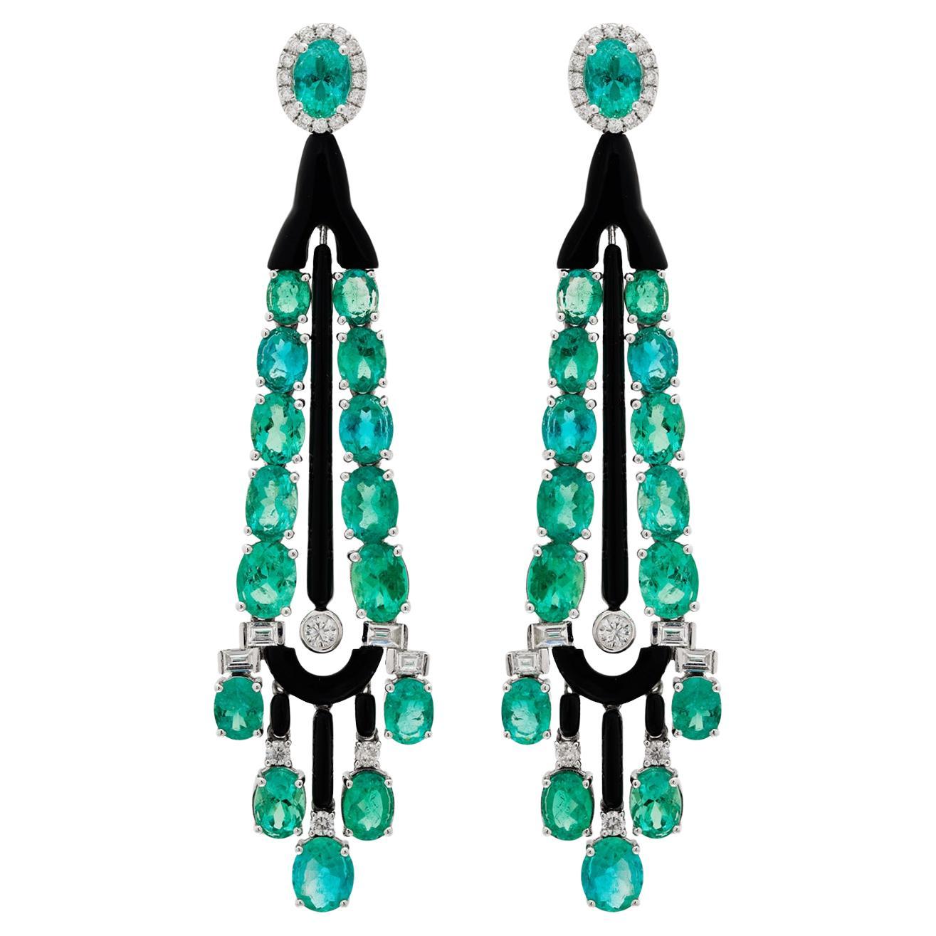 RUCHI Black Agate, Emerald and Diamond White Gold Drop Earrings For Sale