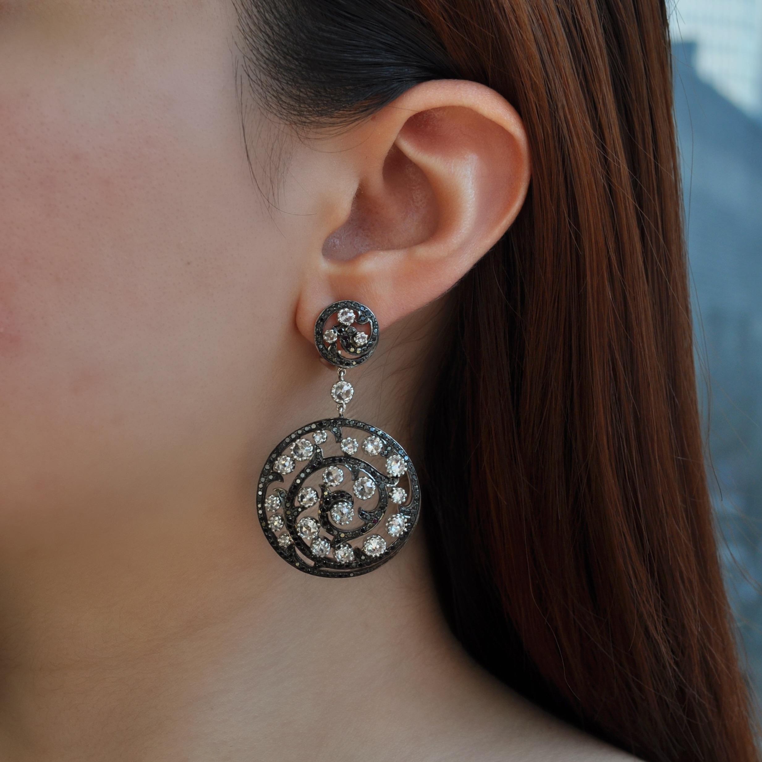 RUCHI Black and White Diamond White Gold Dangle Earrings  In New Condition For Sale In New York, NY