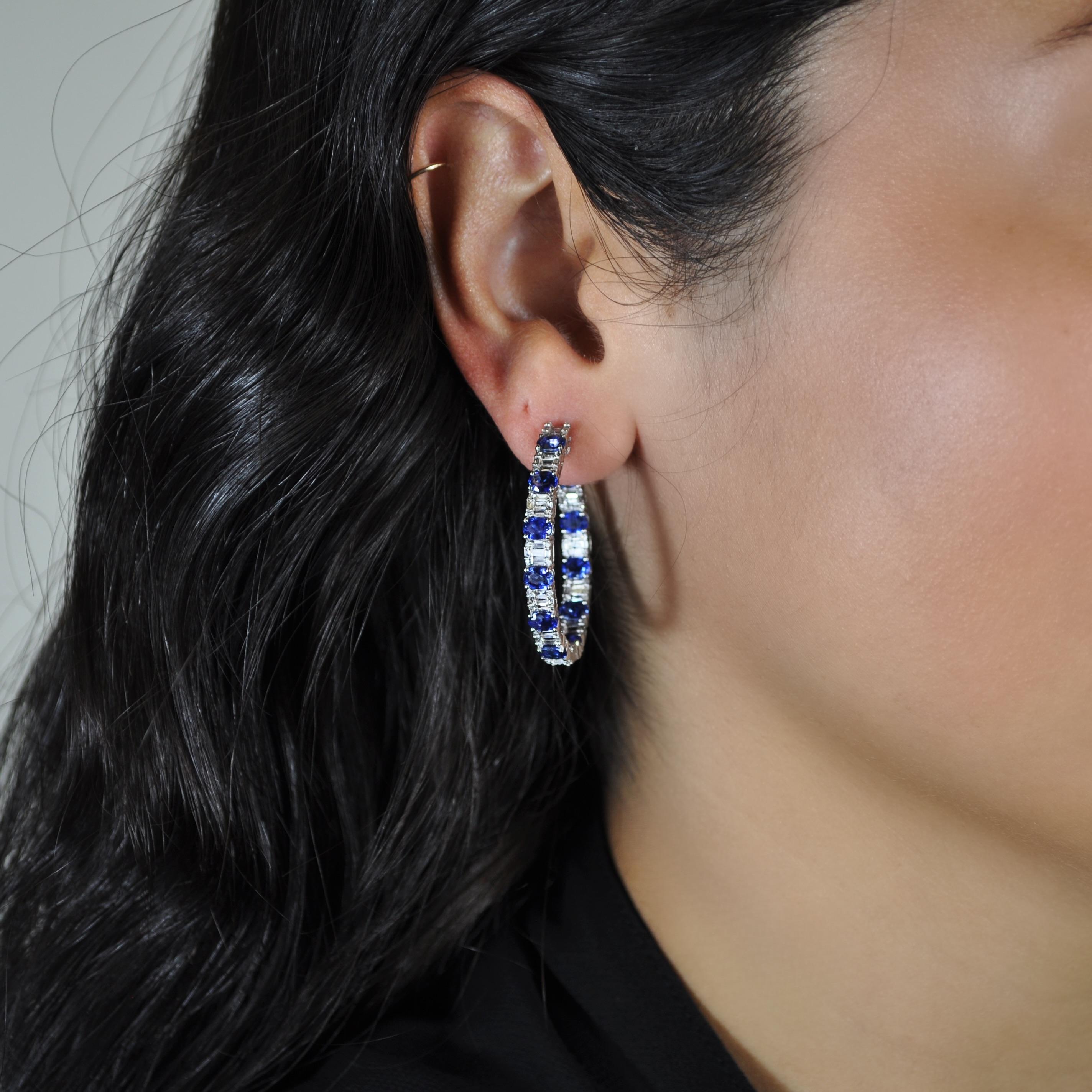 Contemporary RUCHI Blue Sapphire and Diamond Cluster White Gold Hoop Earrings For Sale
