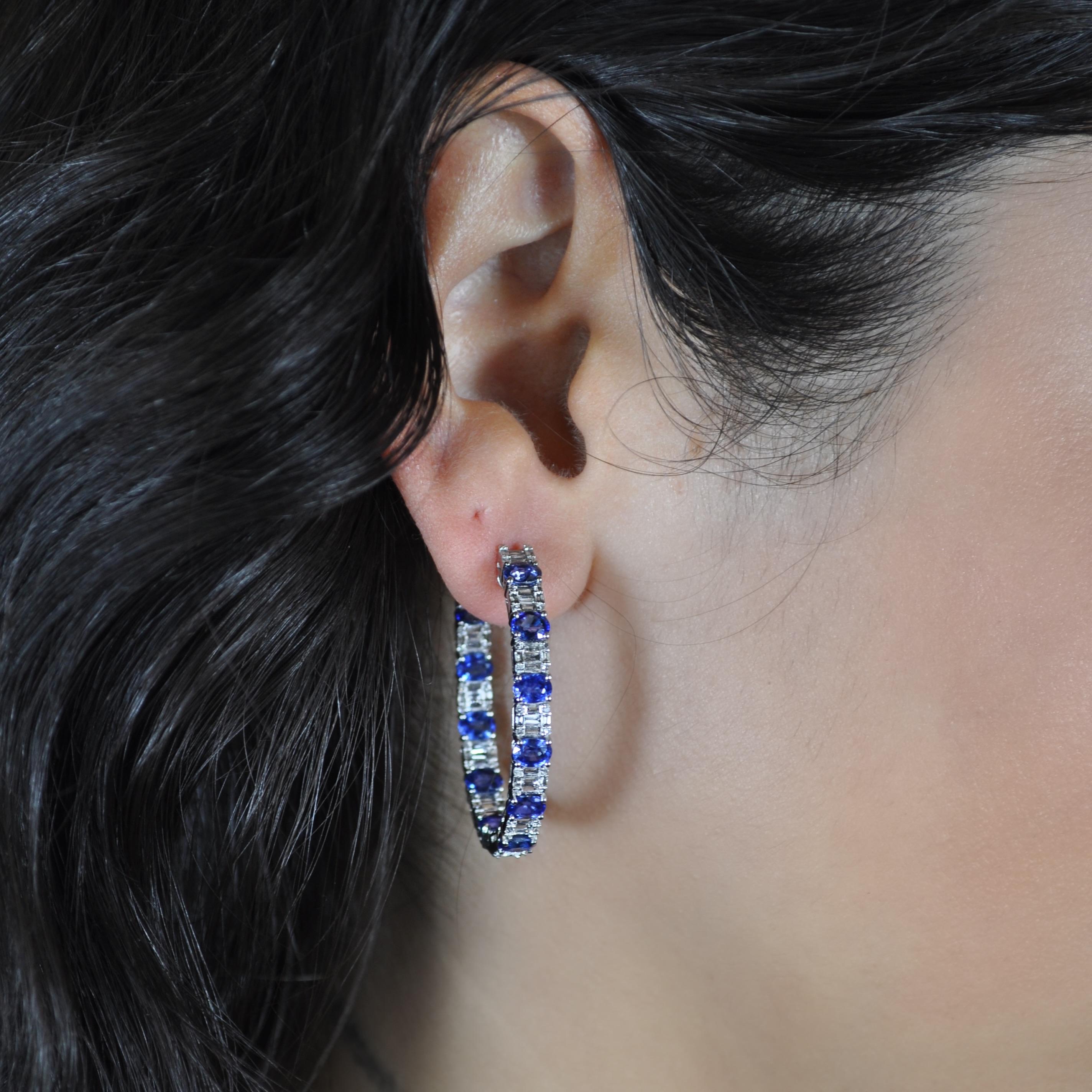 Mixed Cut RUCHI Blue Sapphire and Diamond Cluster White Gold Hoop Earrings For Sale