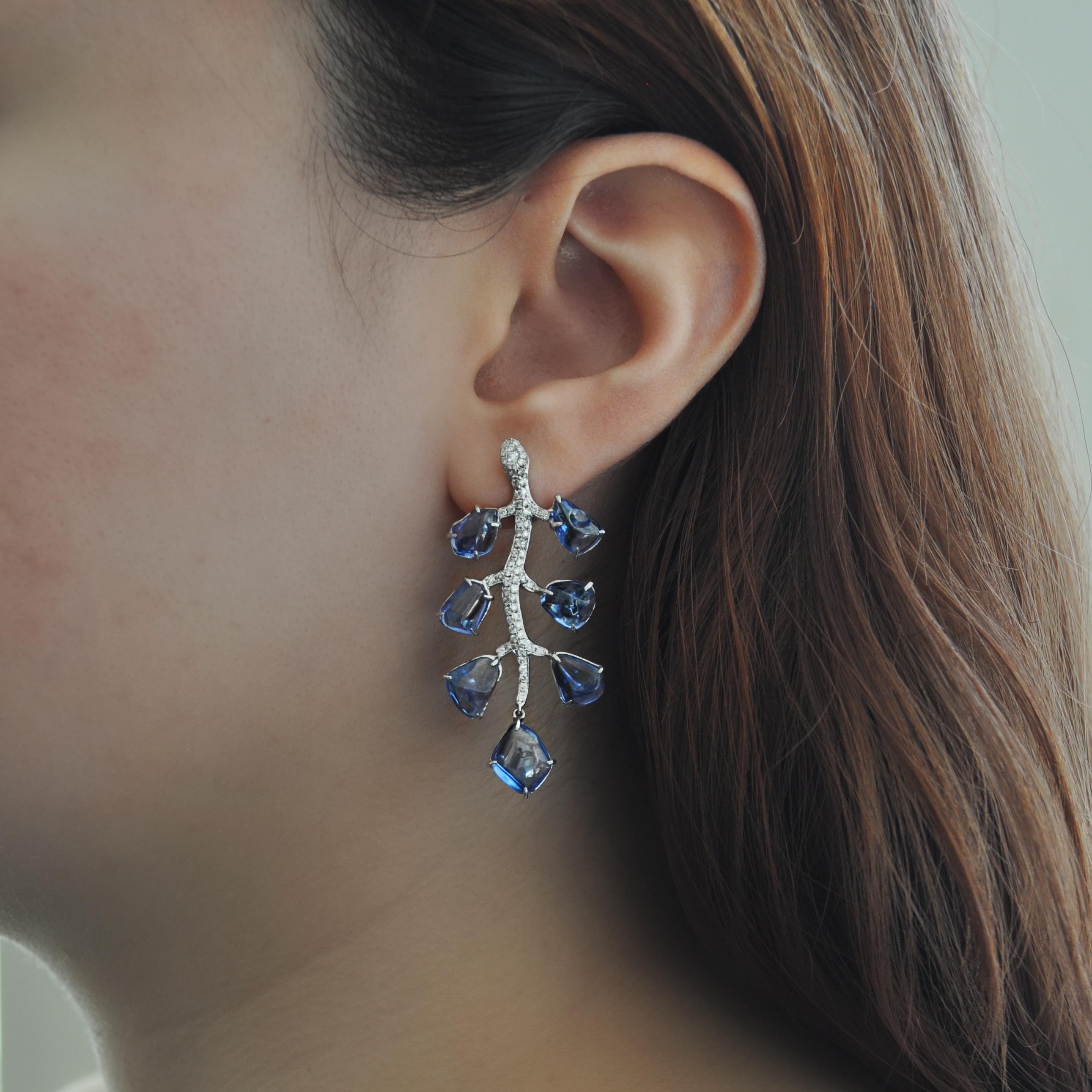 RUCHI Blue Sapphire and Diamond Pavé White Gold Leaf Chandelier Earrings In New Condition For Sale In New York, NY