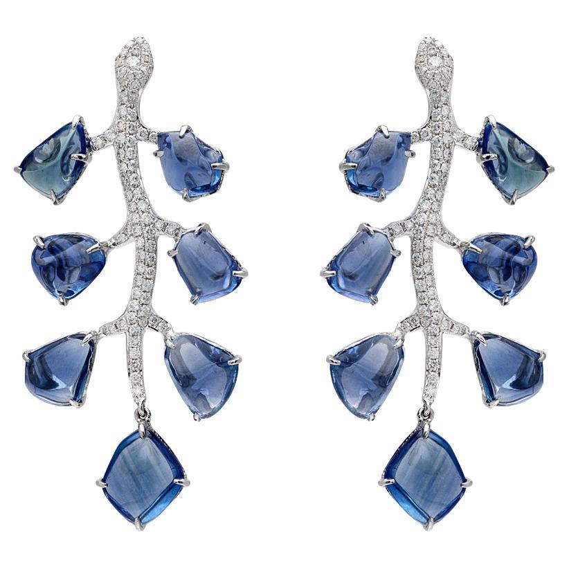 RUCHI Blue Sapphire and Diamond Pavé White Gold Leaf Chandelier Earrings For Sale