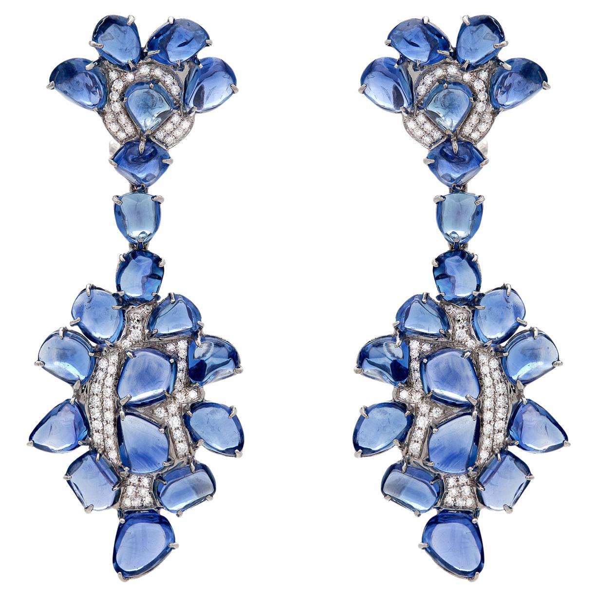RUCHI Blue Sapphire and Pavé Diamond White Gold Statement Drop Earrings For Sale