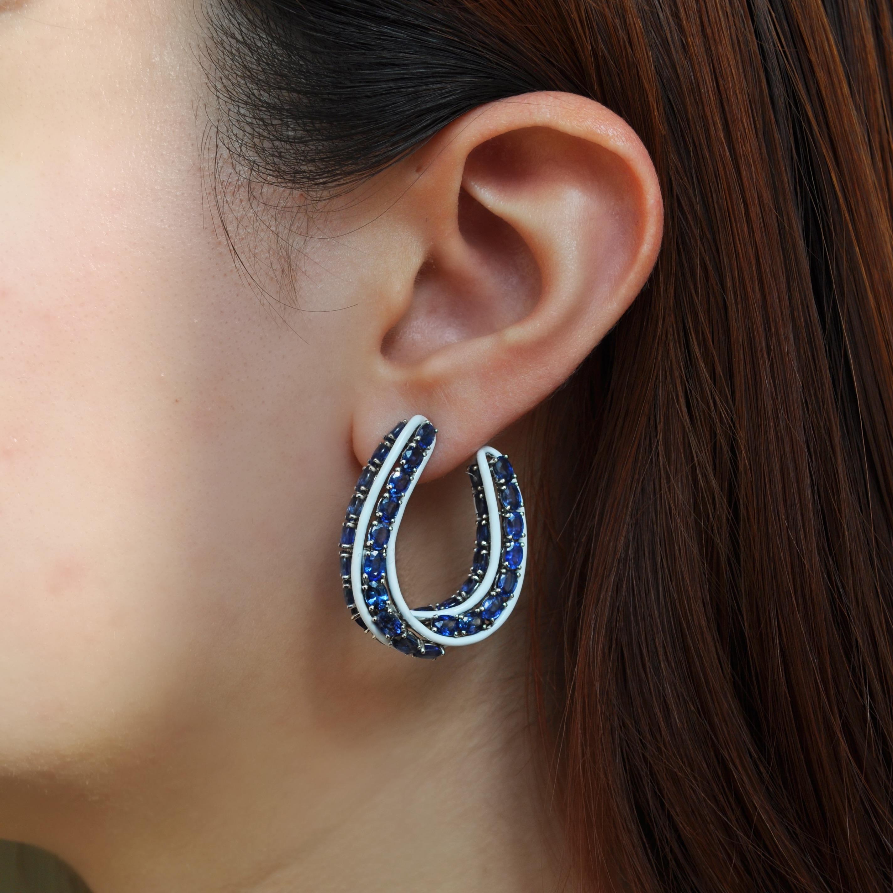 Oval Cut RUCHI Blue Sapphire and White Enamel White Gold Hoop Earrings For Sale