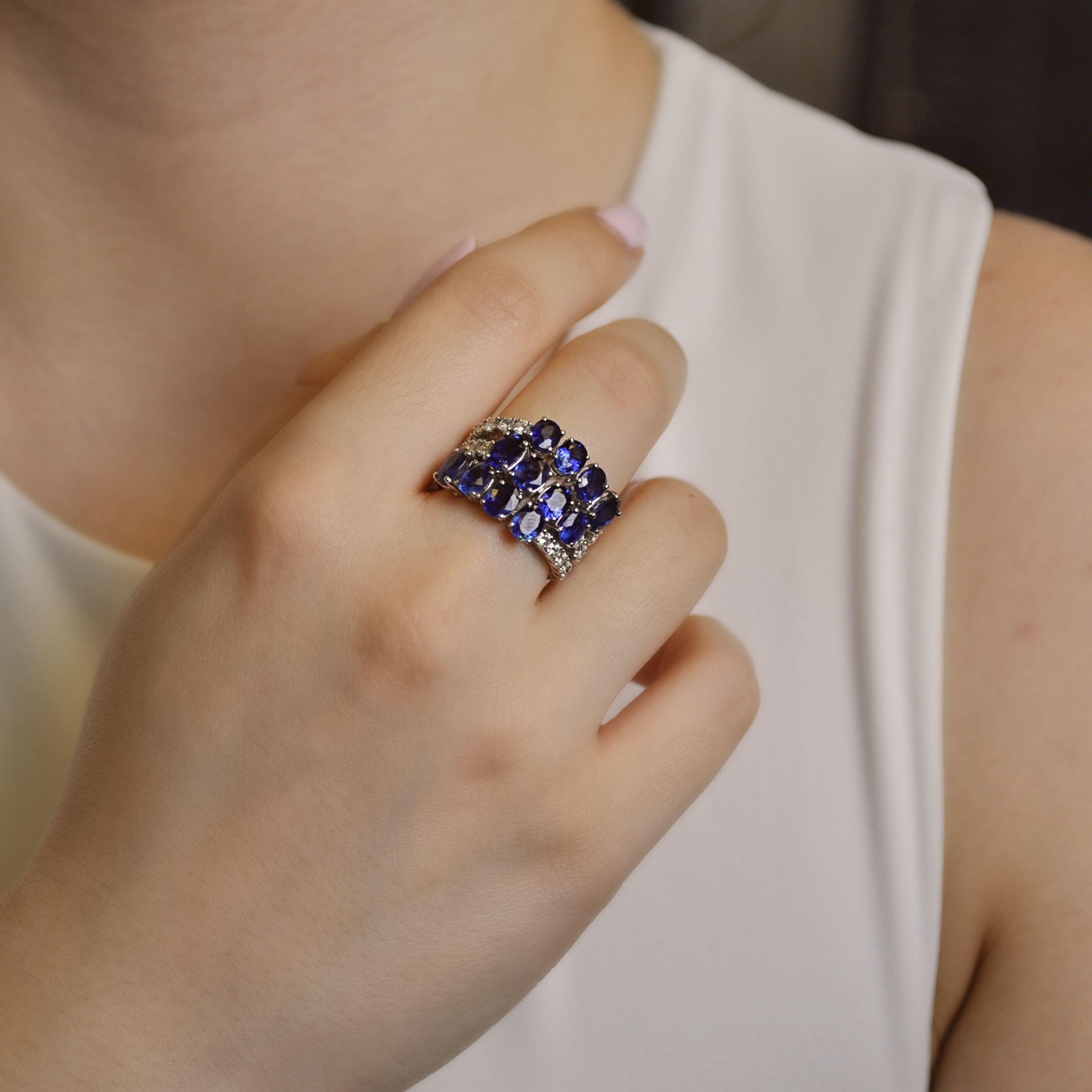 Contemporary RUCHI Blue Sapphire & Brilliant Diamond White Gold 3-Row Flexible Ring For Sale