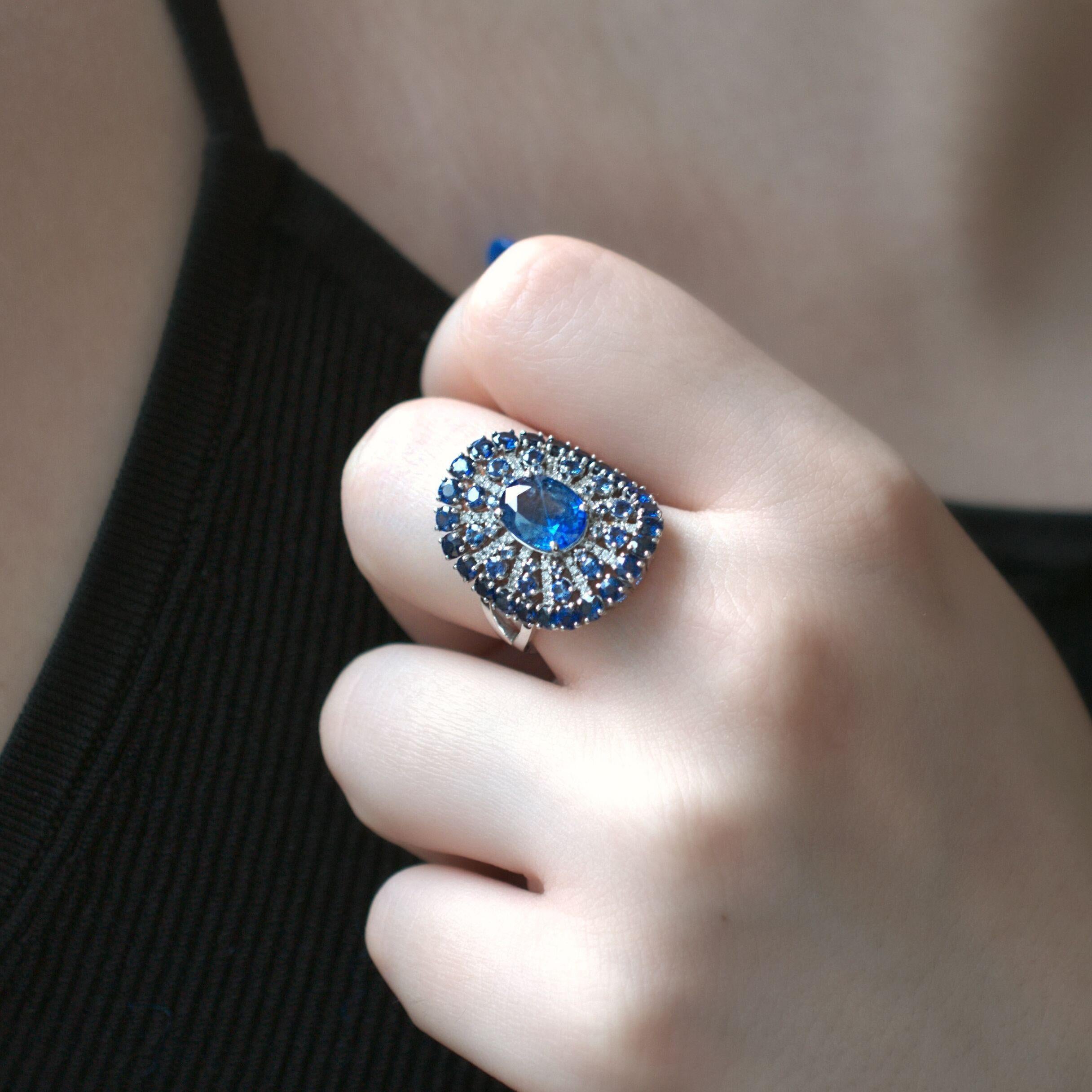 Contemporary RUCHI Blue Sapphire & Brilliant Diamond White Gold Shield Cocktail Ring For Sale