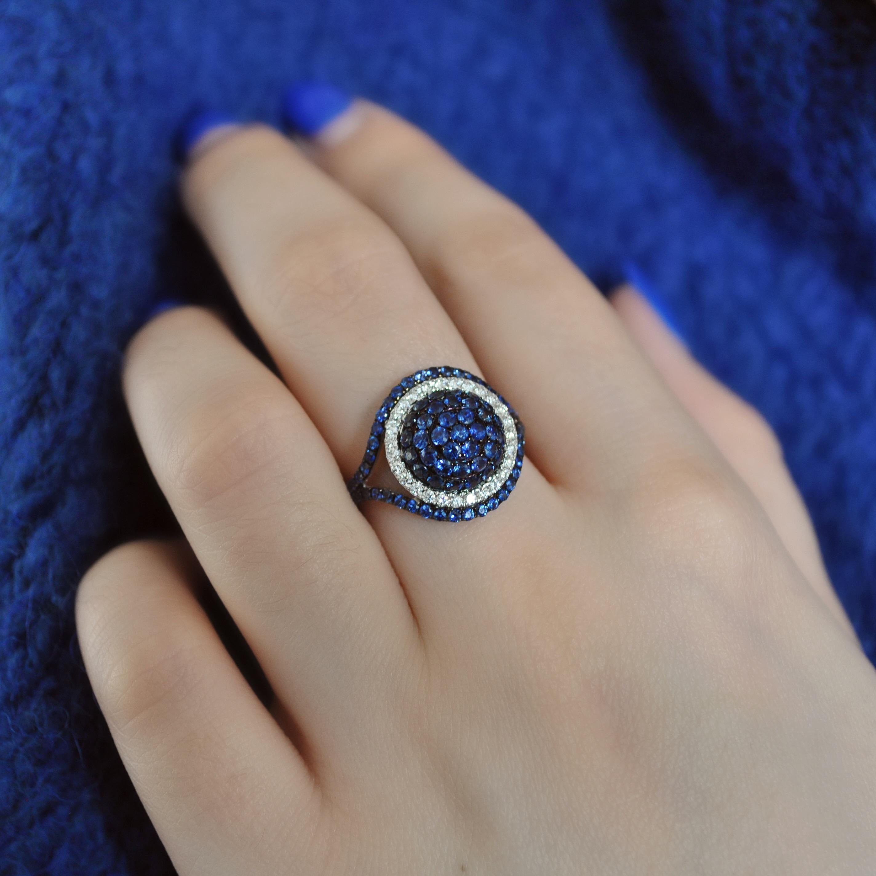 RUCHI Blue Sapphire & Pavé Diamond White Gold Dome Cocktail Ring In New Condition In New York, NY