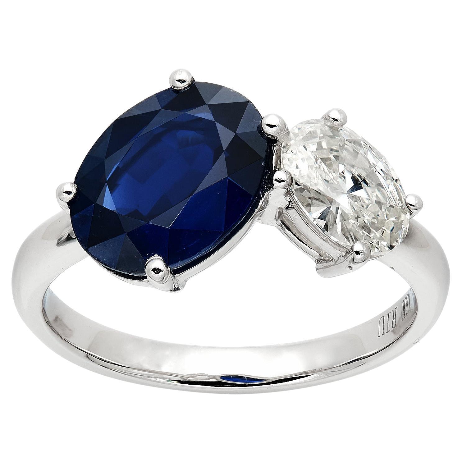 RUCHI Blue Sapphire and Diamond White Gold Toi Et Moi Engagement Ring For Sale