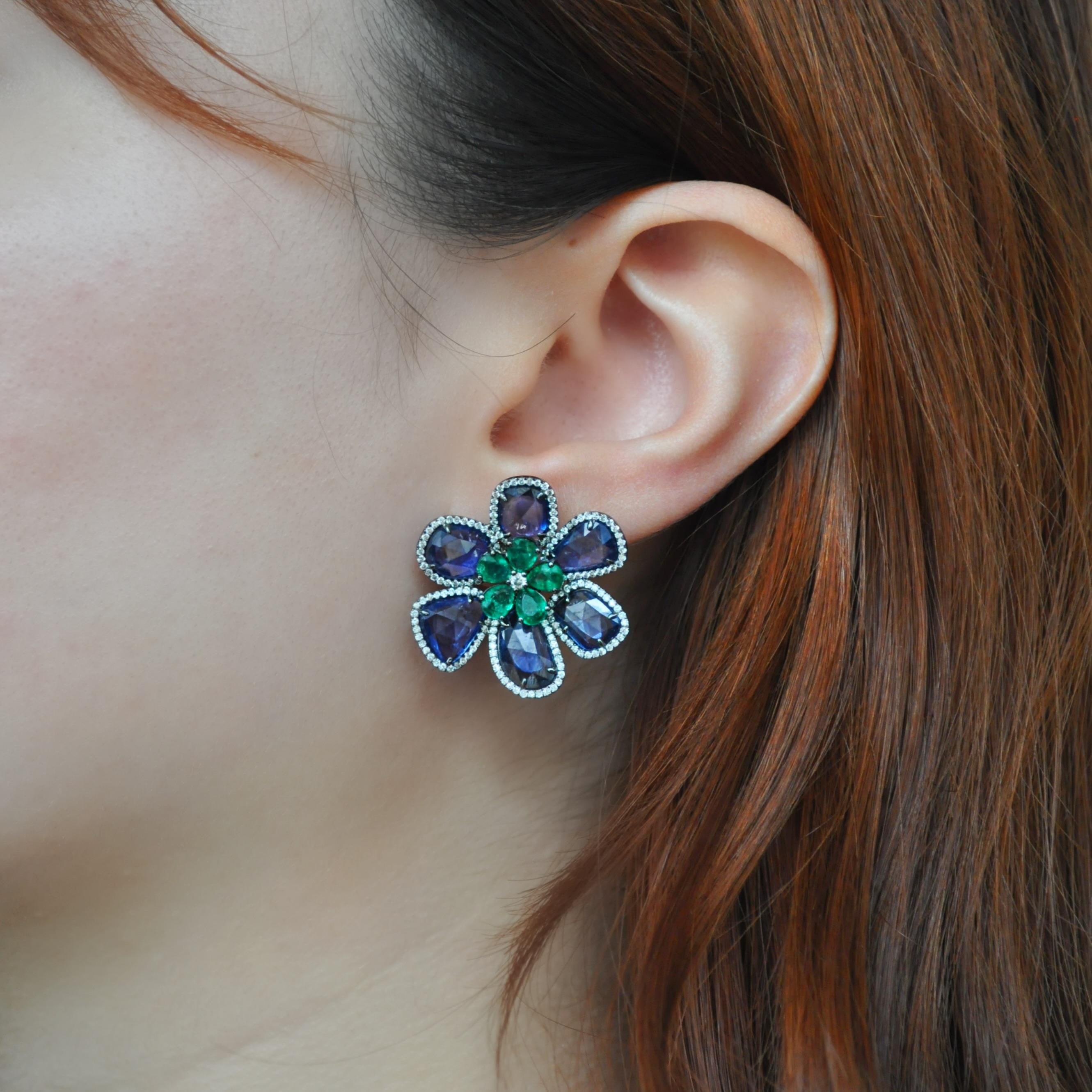 Mixed Cut RUCHI Blue Sapphire, Emerald and Diamond Black Rhodium Flower Clip-On Earrings  For Sale