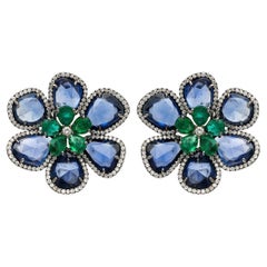 RUCHI Blue Sapphire, Emerald and Diamond Black Rhodium Flower Clip-On Earrings 