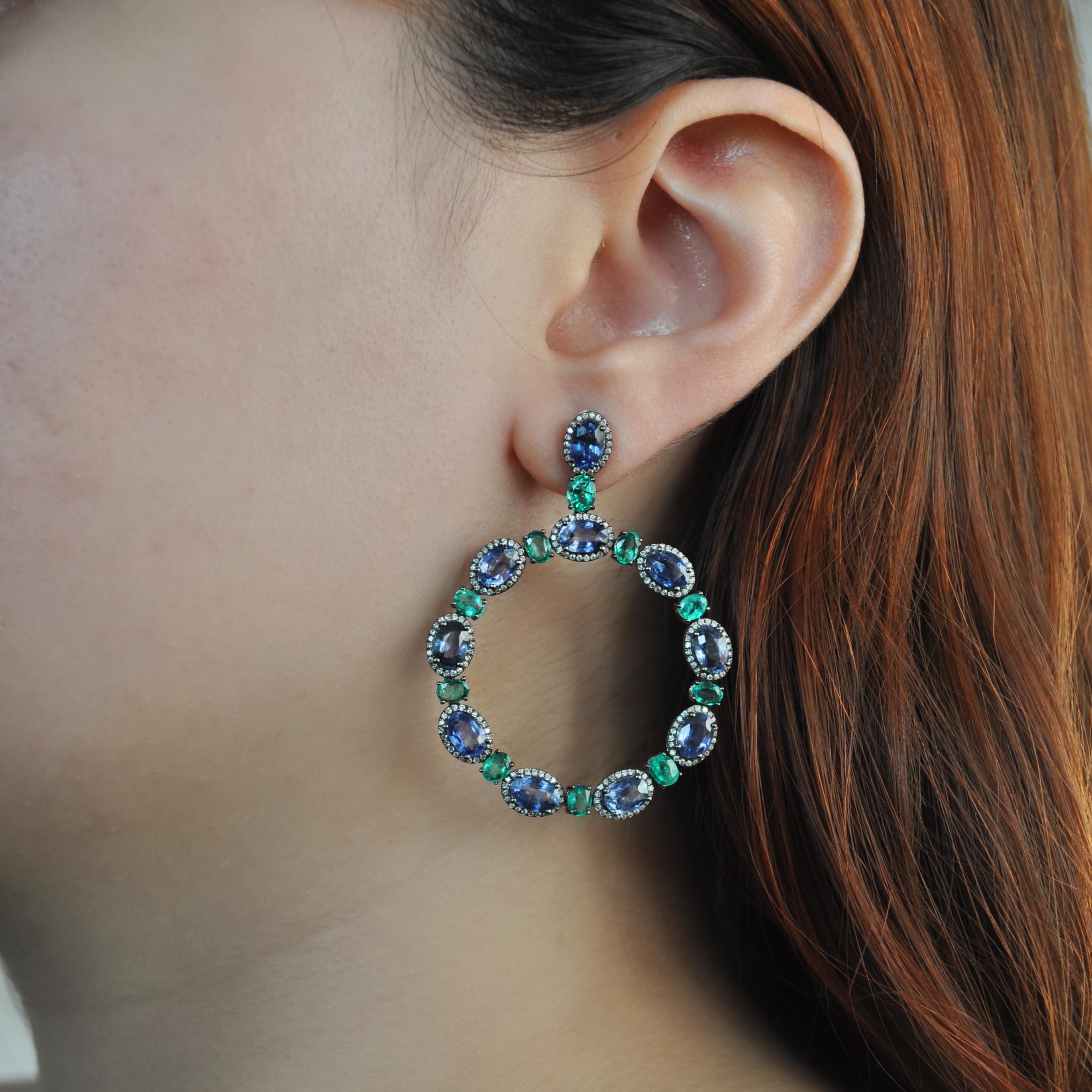 RUCHI Blue Sapphire, Emerald and Diamond Black Rhodium Dangle Earrings In New Condition For Sale In New York, NY