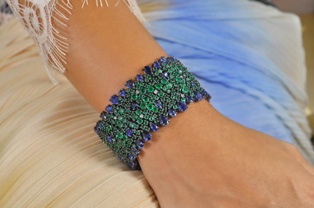 Round Cut RUCHI Blue Sapphire, Emerald and Diamond Black Rhodium Wide Bracelet For Sale