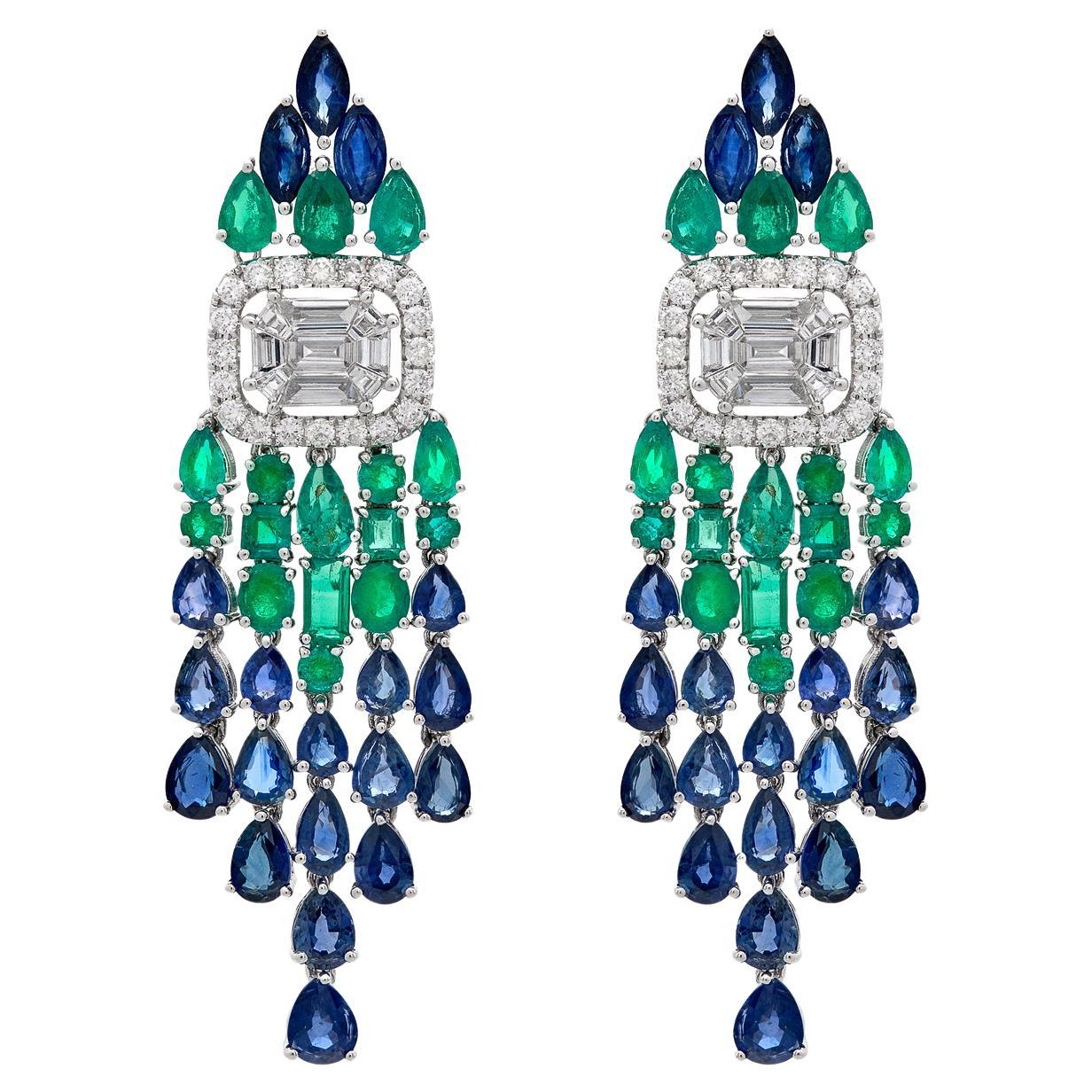 RUCHI Pendants d'oreilles en or blanc avec saphir bleu, émeraude et diamants