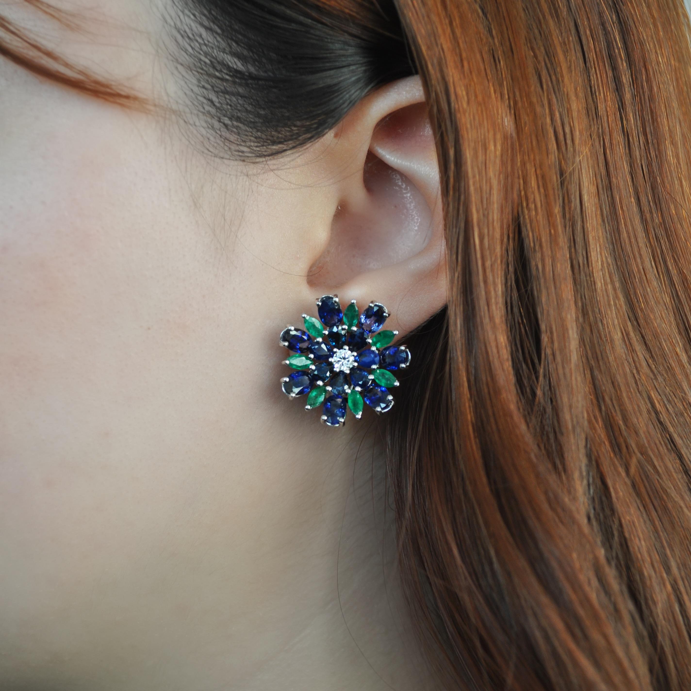 Mixed Cut RUCHI Blue Sapphire, Emerald and Diamond White Gold Floral Clip-On Earrings For Sale
