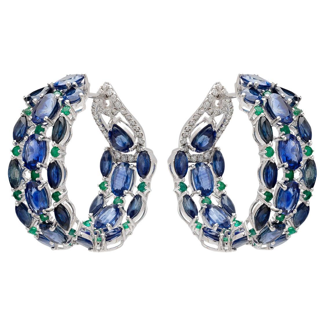 RUCHI Blue Sapphire, Emerald and Diamond White Gold Hoop Earrings For Sale