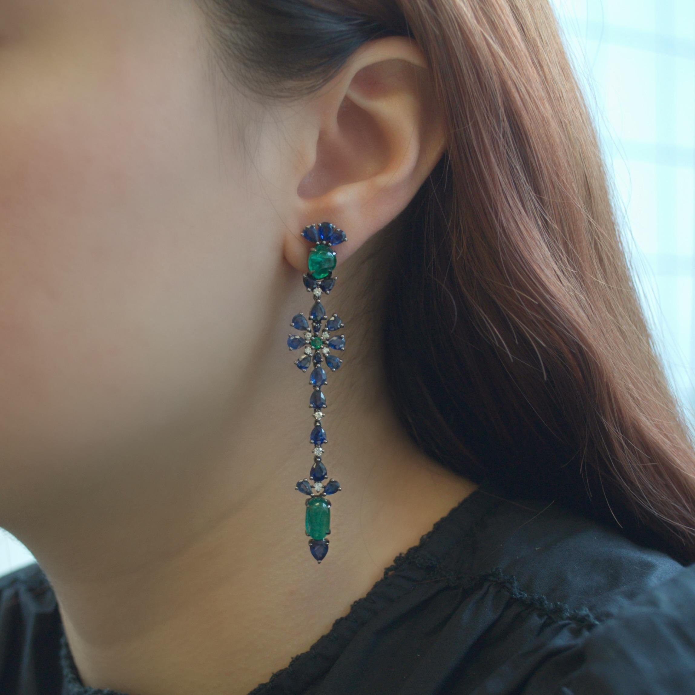 Pear Cut RUCHI Blue Sapphire, Emerald and Diamond Black Rhodium Linear Drop Earrings For Sale