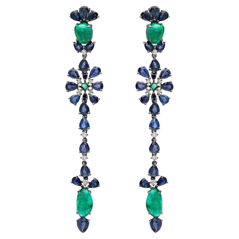 RUCHI Blue Sapphire, Emerald and Diamond Black Rhodium Linear Drop Earrings For Sale